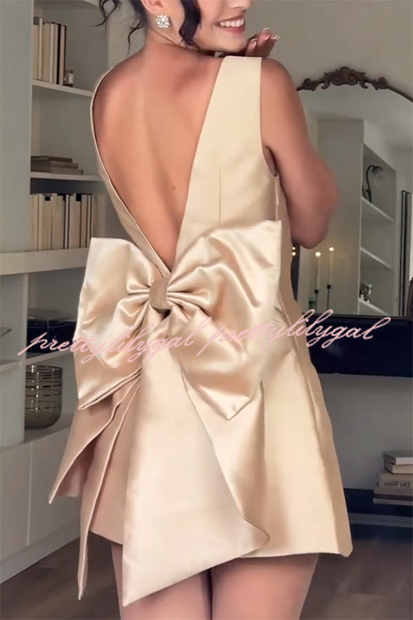 Ultimate Muse Satin Oversized Bow Detail Square Neck Mini Dress - Elegant Party & Cocktail Dress for Women, Perfect for Weddings, Date Nights & Special Occasions