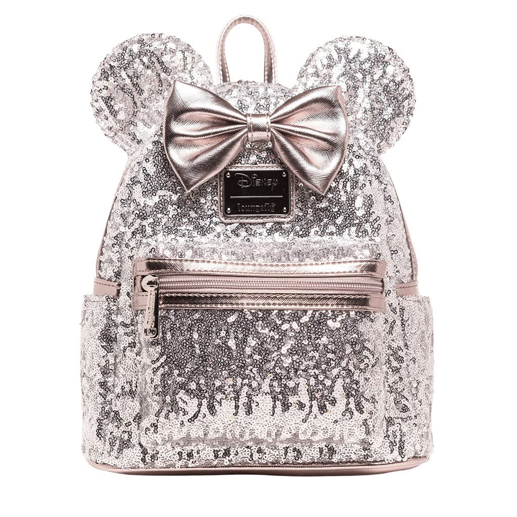 Loungefly Disney Minnie Mouse Silver & Pink Sequin Mini Backpack WDBK0645 - Rose Gold Glam for Women | Perfect for Theme Parks, Cosplay & Everyday Fashion