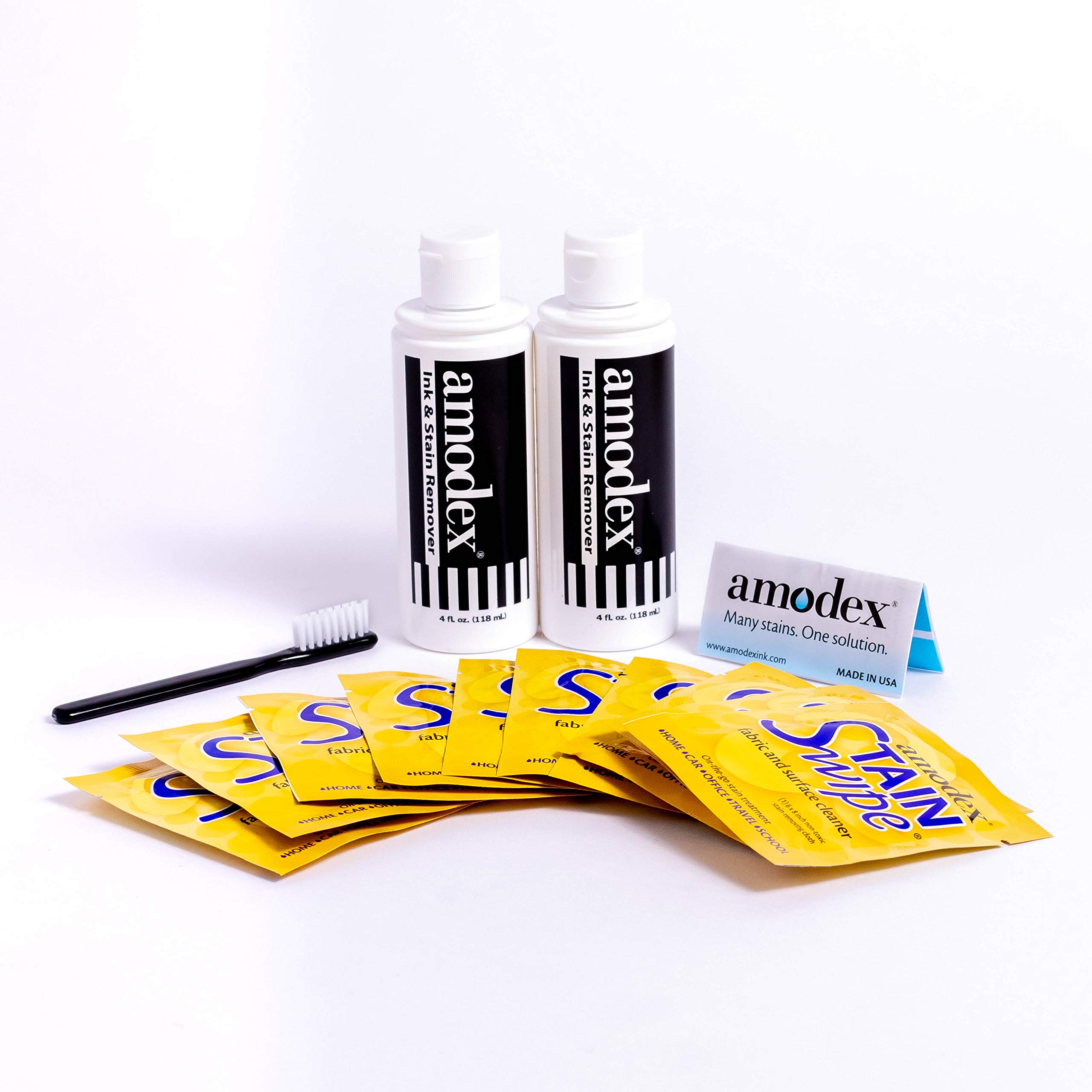 Amodex Ink & Stain Remover Kit - Permanent Marker & Clothes Stain Remover with 2 Bottles, 1 Brush & 10 Wipes | Fast-Acting Spot Cleaner for Fabric, Upholstery & Carpet | Perfect for Home, Office & DIY Projects