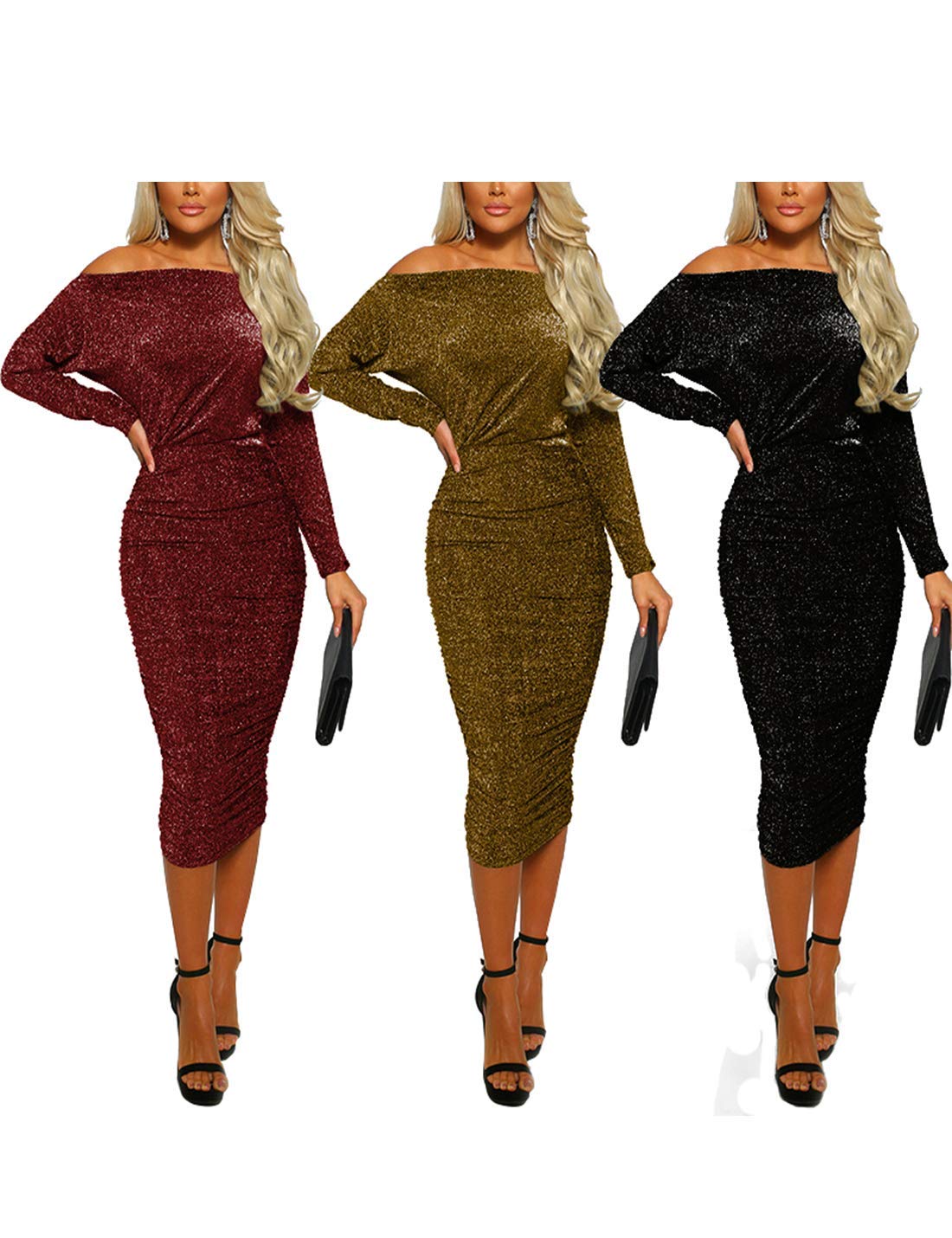 Sexy Long Sleeve Glitter Off Shoulder Bodycon Midi Dress for Women - XXL Black | Elegant Party Wear, Club Outfit, Evening Cocktail Dress, Holiday Celebration Outfit