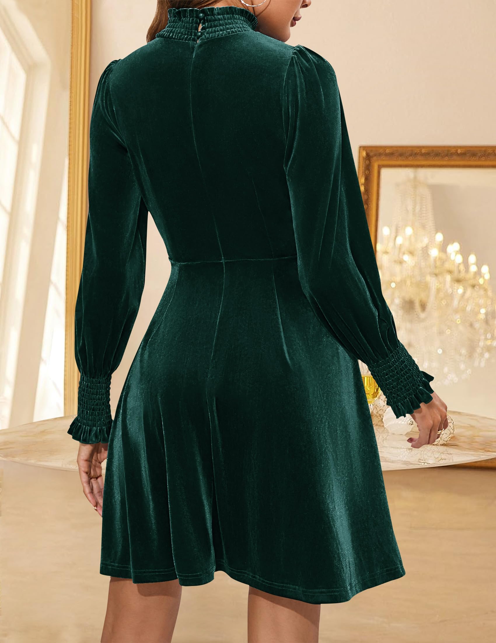 ZESICA Women's Velvet Mini Dress Long Sleeve High Neck Elastic Waist A-Line Party Dress for Spring Wedding Cocktail Night Out