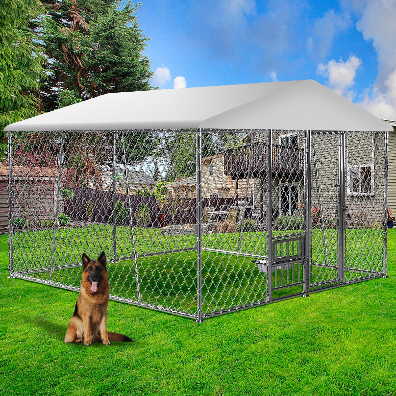 **10FT Heavy Duty Outdoor Dog Kennel with Cover Roof - Secure Lock Pet Playpen & Run for Yard - Includes Bowls - Ideal for Large Dogs, Backyard Safety & Playtime**