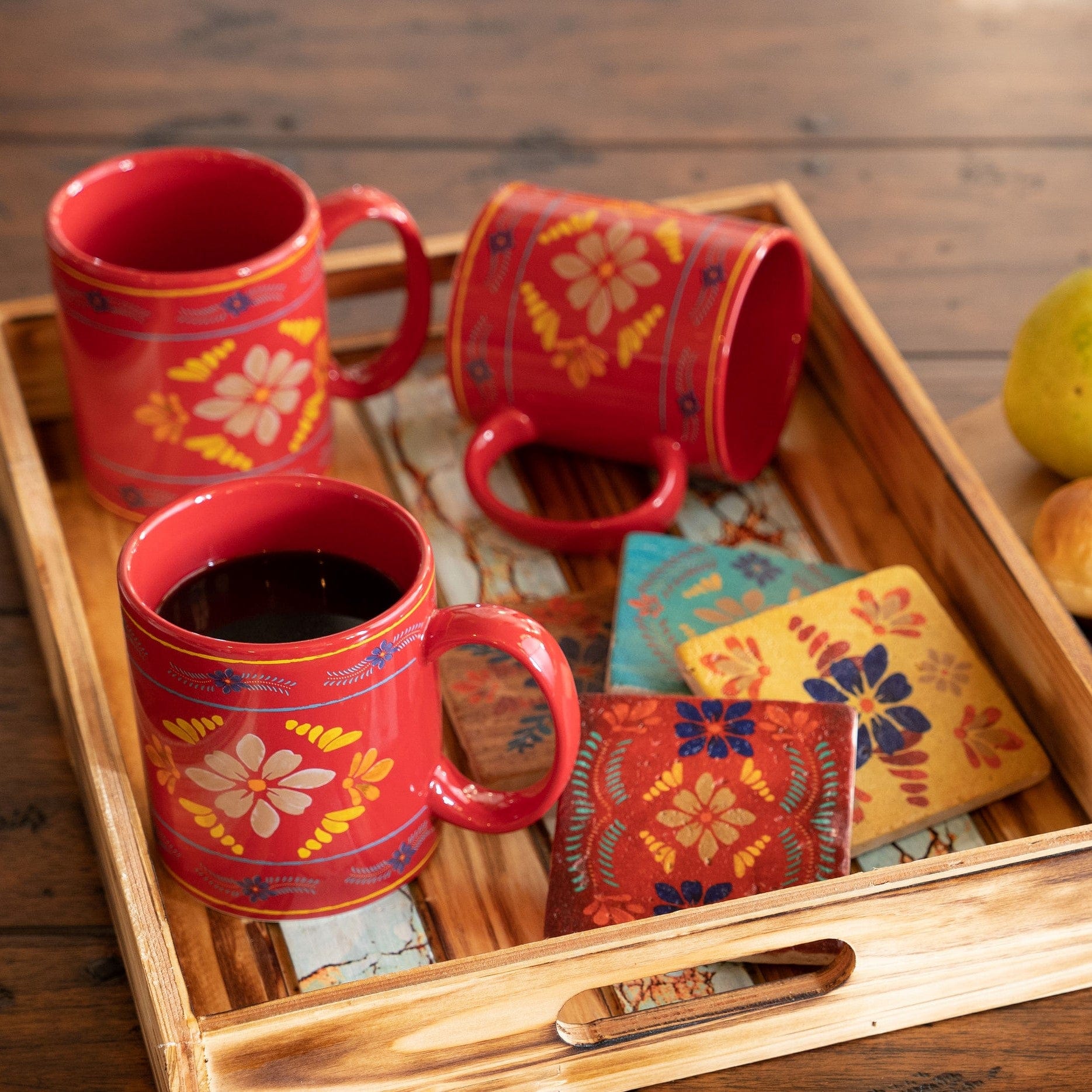 Premium Bonita Red Ceramic Coffee Mugs - Set of 4, 12oz Porcelain Tea Cups with Comfort Handle, Dishwasher & Microwave Safe - Perfect for Home, Office, Gifts & Coffee Shops