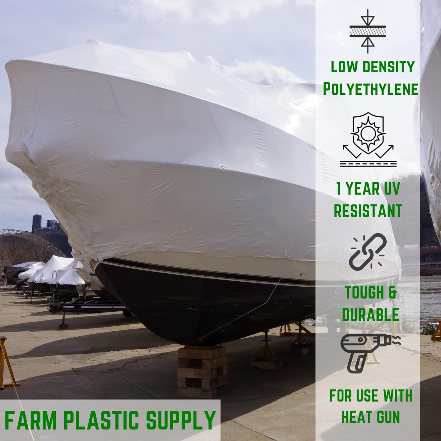 7 Mil Polyethylene Plastic Shrink Wrap - Heavy Duty Boat Shrink Film for Marine Storage & Protection - Industrial Shrink Wrap with Heat Gun - White 14' x 50' - Perfect for Winter Boat Storage, RV Covering & Equipment Protection