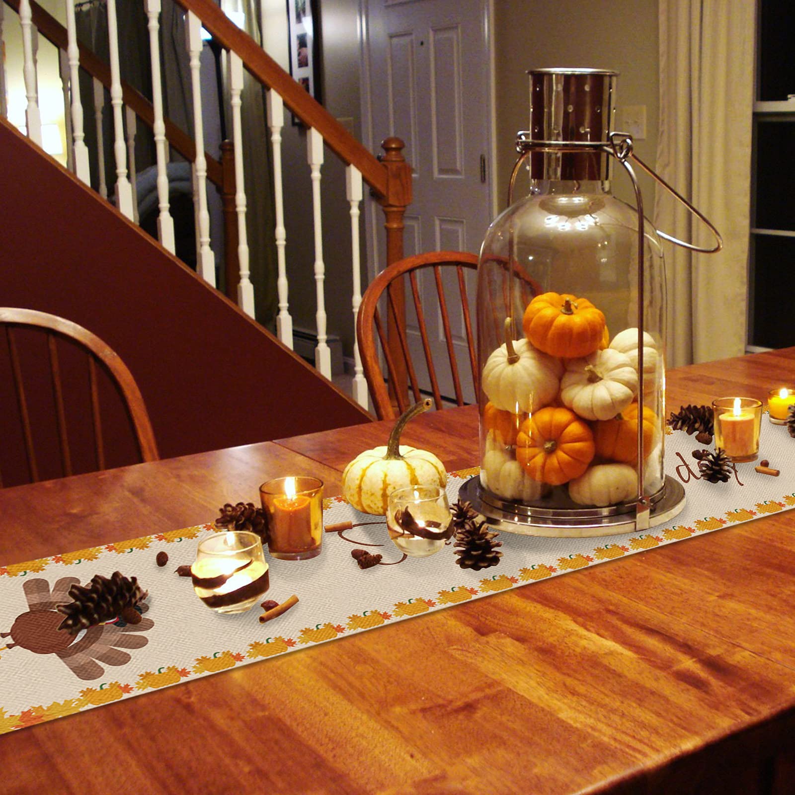 Thanksgiving Burlap Table Runner 72 Inches - Fall Harvest Decor with Turkey, Pumpkins & Maple Leaf Design for Holiday Dining, Kitchen, Coffee Tables | Perfect for Home, Party & Thanksgiving Day Decorations