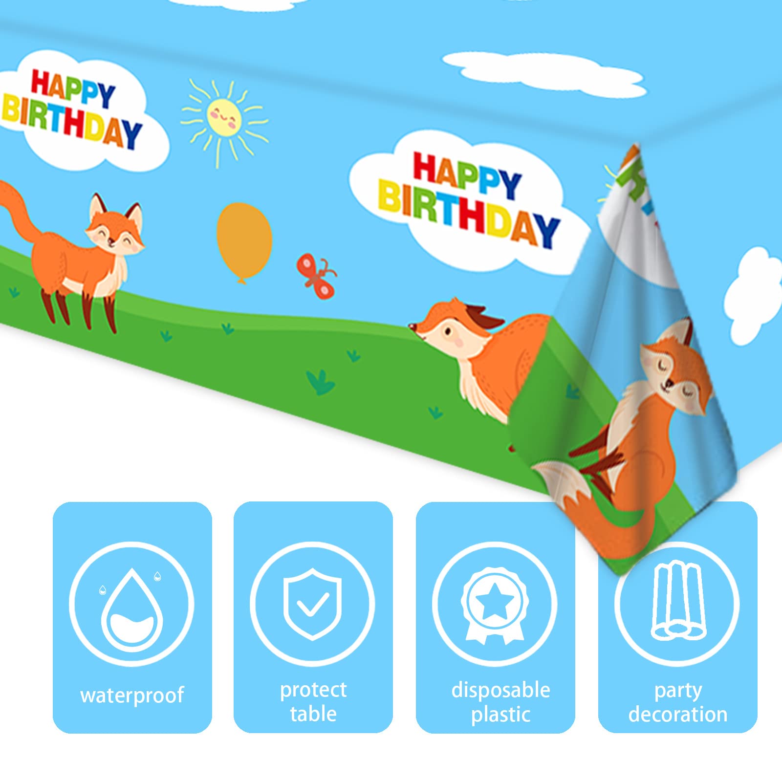 Happy Birthday Party Tablecloth - Fox Animal Theme Plastic Table Cover for Baby Shower, Boys & Girls Birthday Party, Picnic, Camping Decorations - Blue Party Supplies (60