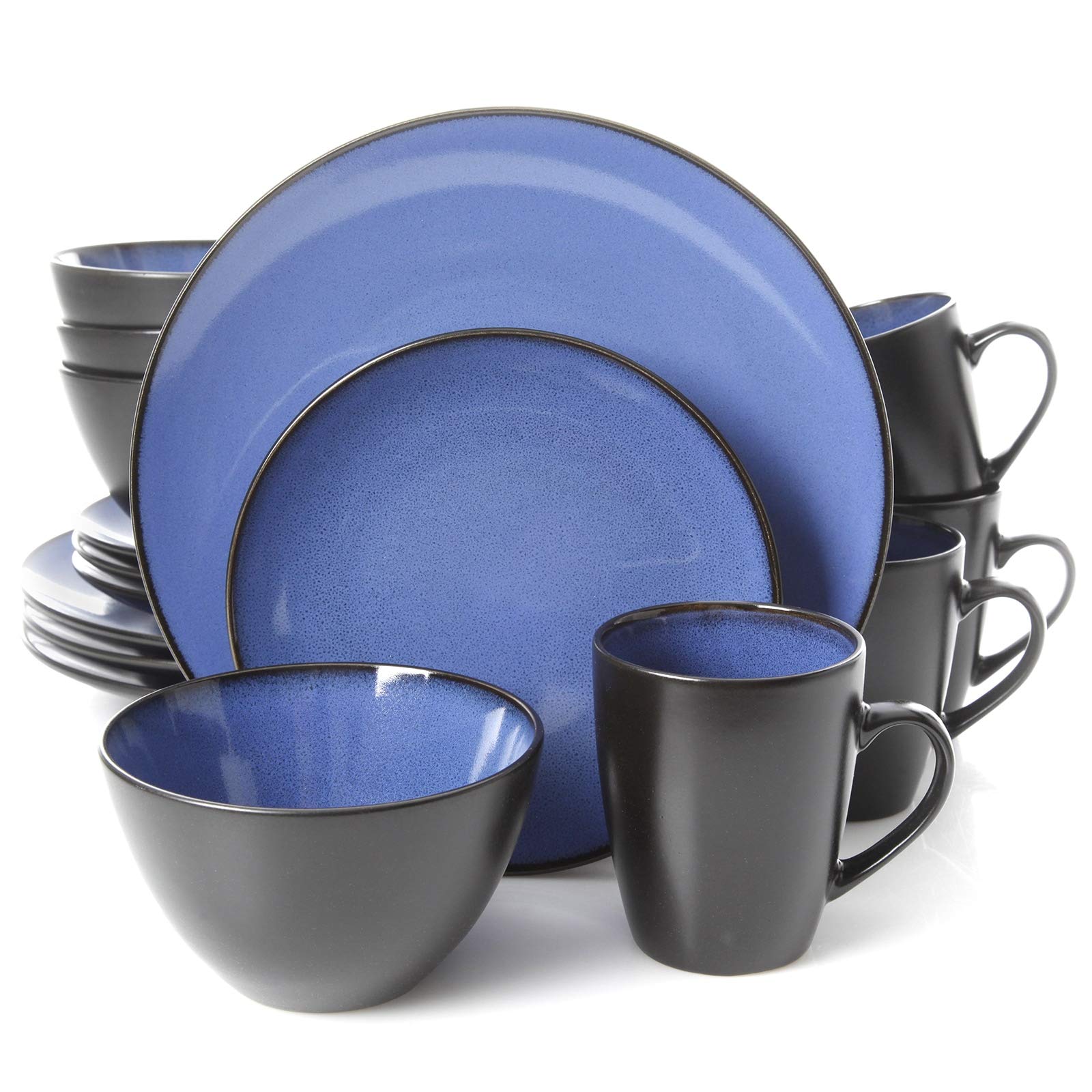 Soho Lounge Blue & Grey Stoneware 16-Piece Dinnerware Set - Dishwasher & Microwave Safe Textured Dinner Plates, Bowls, Mugs (Service for 4) - Perfect for Casual Dining, Family Gatherings & Everyday Use