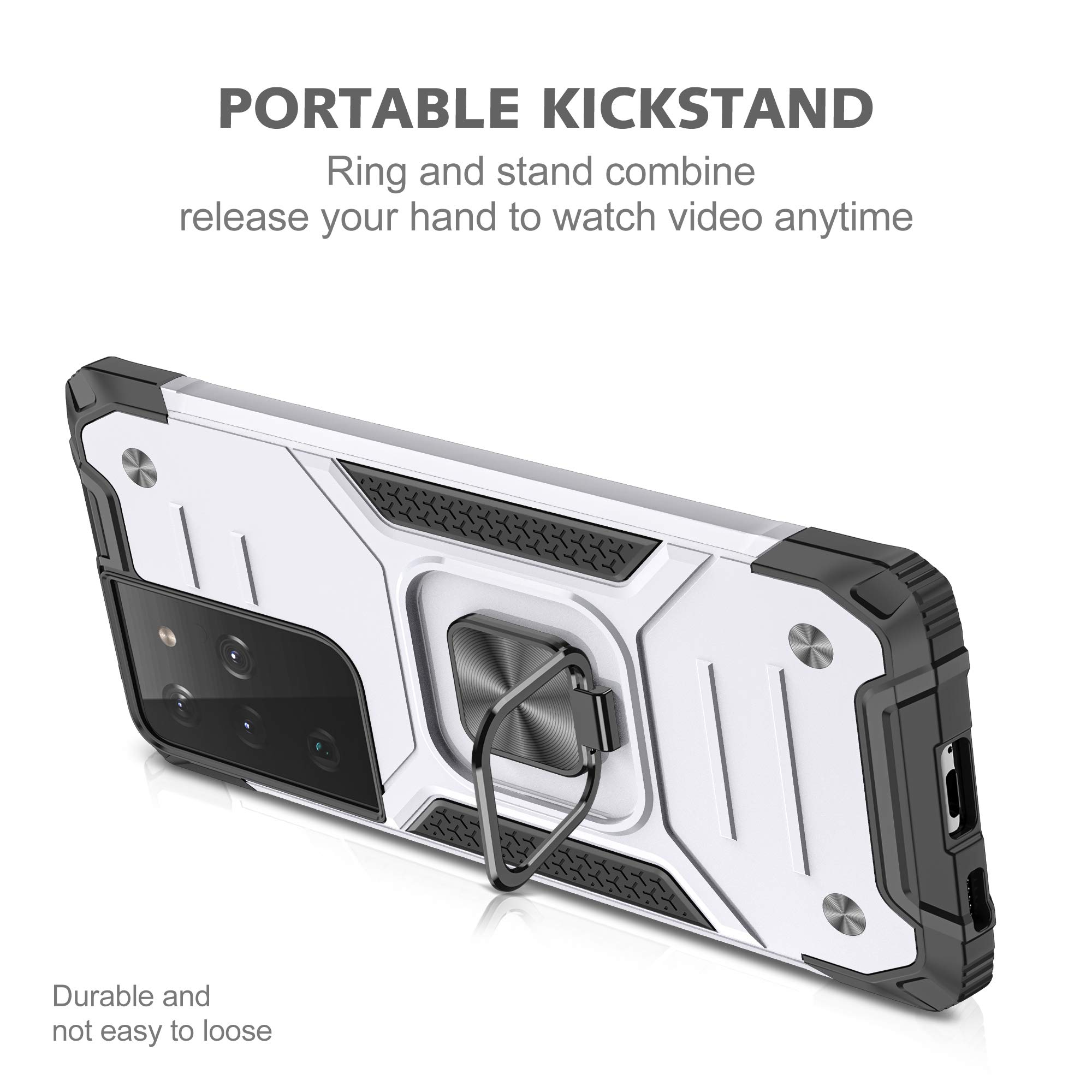 Military Grade Shockproof Case for Samsung Galaxy S21 5G - Ultra Slim Armor Ring Holder with Rotatable Kickstand | Durable TPU Bumper & Hard PC Protection (Silver) | Perfect for Outdoor Activities, Travel & Daily Use