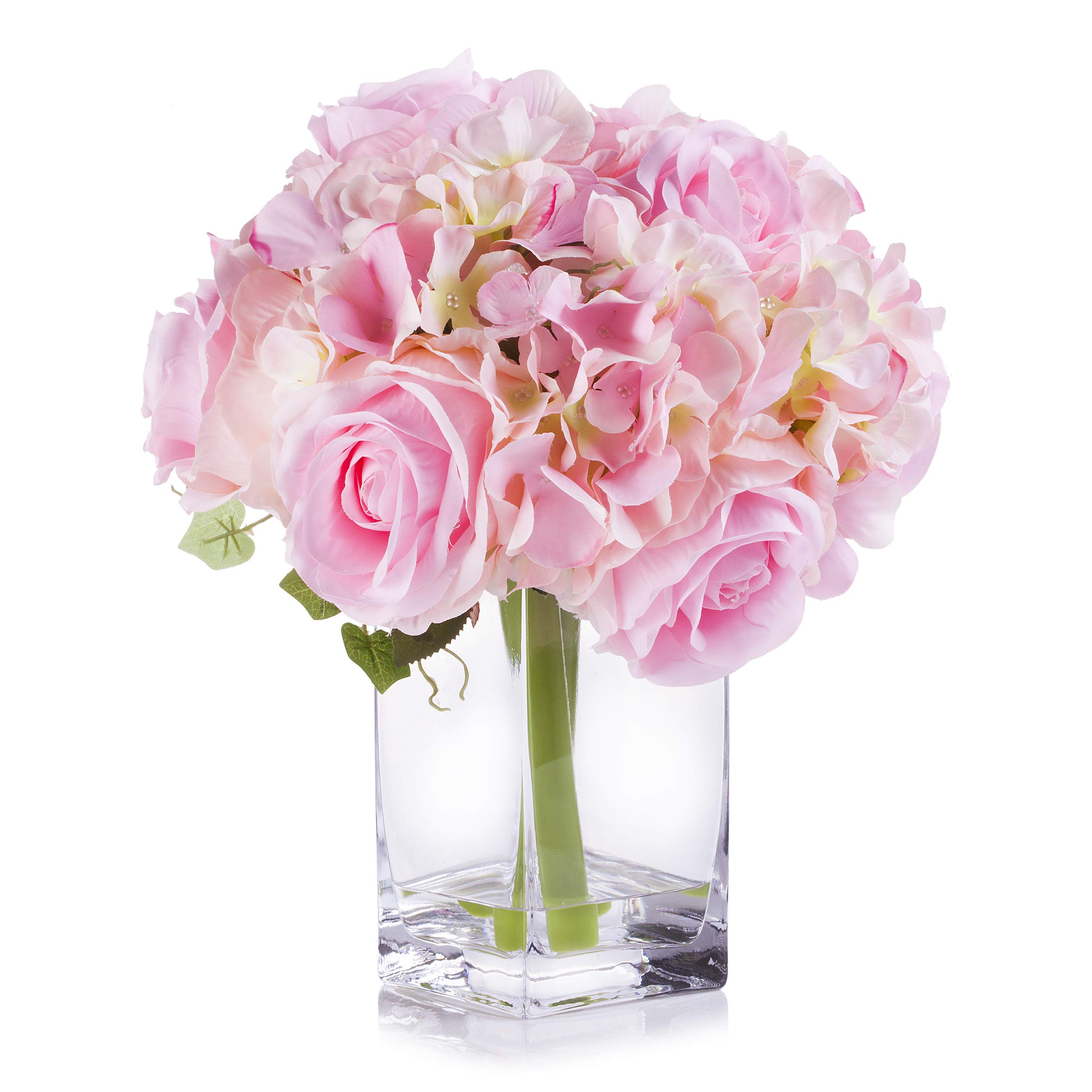 ENOVA HOME Pink Mixed Rose and Hydrangea Silk Flower Arrangement in Glass Vase with Faux Water - Elegant Wedding Centerpiece, Home Decor for Living Room, Dining Table, Office Desk