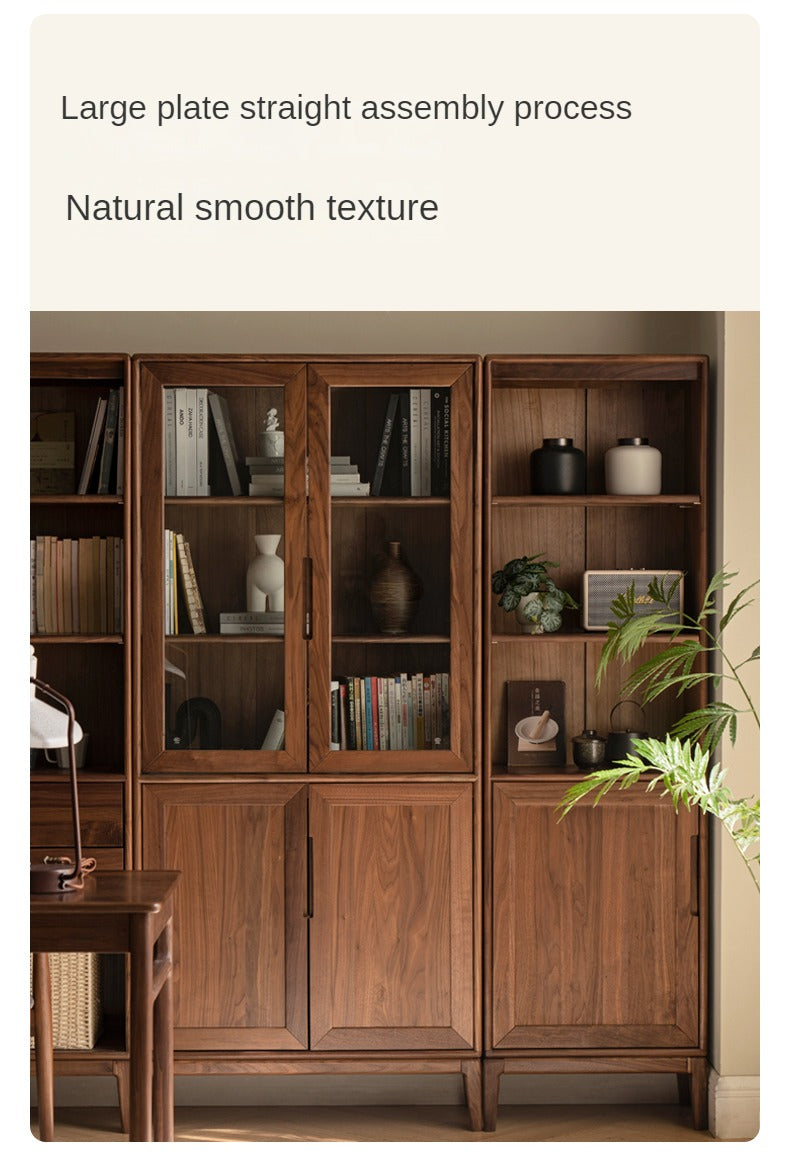 Premium Black Walnut & Ash Solid Wood Bookcase with Dust-Proof Glass Doors - Stylish Home Office & Living Room Storage Solution