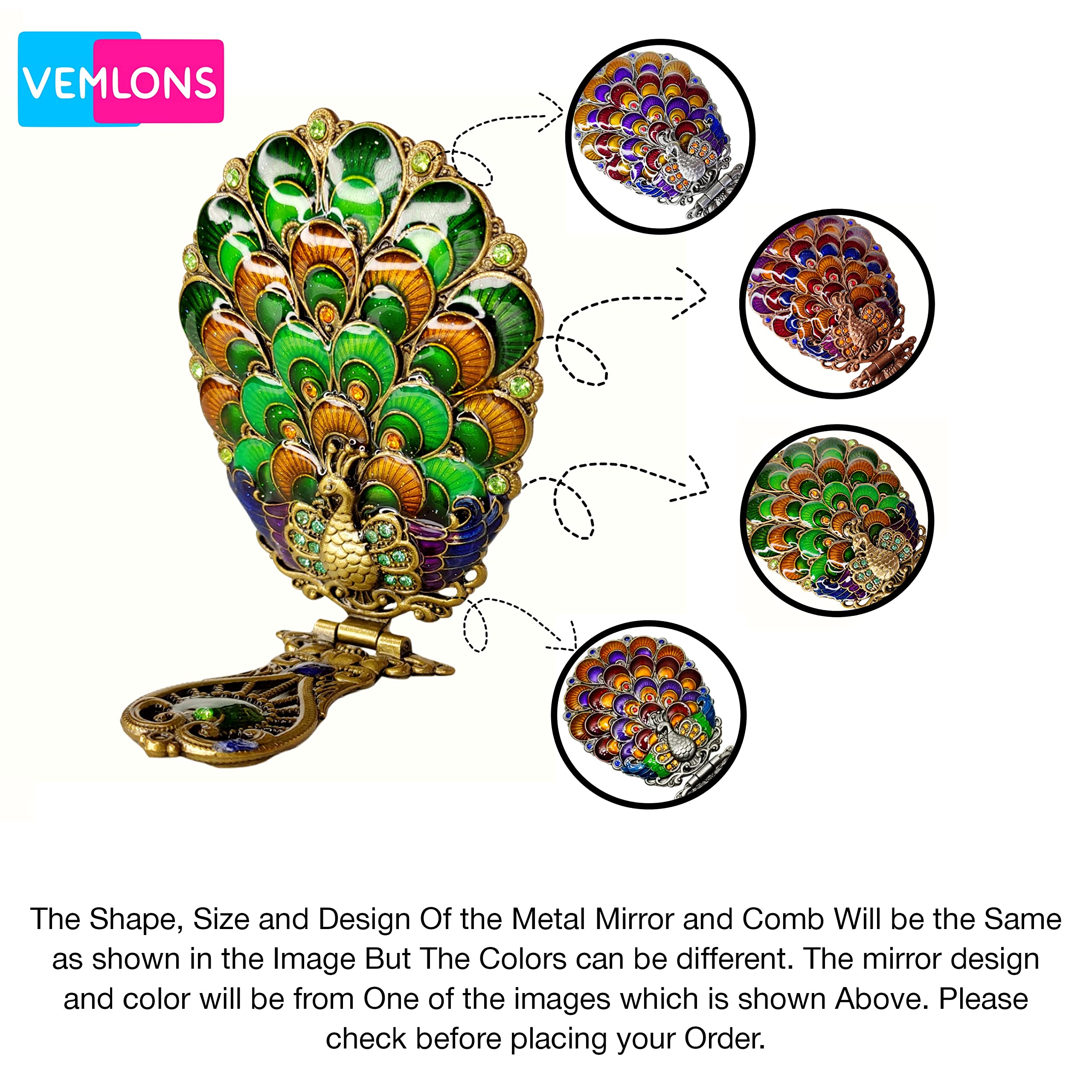 Vemlons Antique Peacock Hand Mirror and Comb Set for Girls - Compact Mirror with Beautiful Handcrafted Design - Perfect for Travel, Makeup, and Gifts