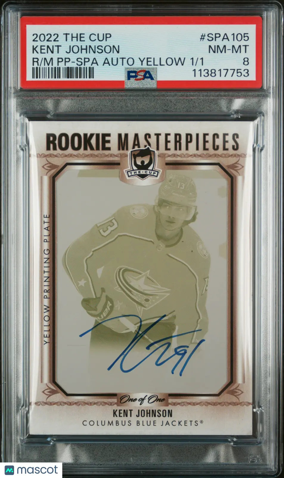 2022 UD The Cup Masterpiece Kent Johnson Rookie Card SPA Auto Yellow 1/1 PSA 8 - Rare Hockey Collectible for Display & Investment