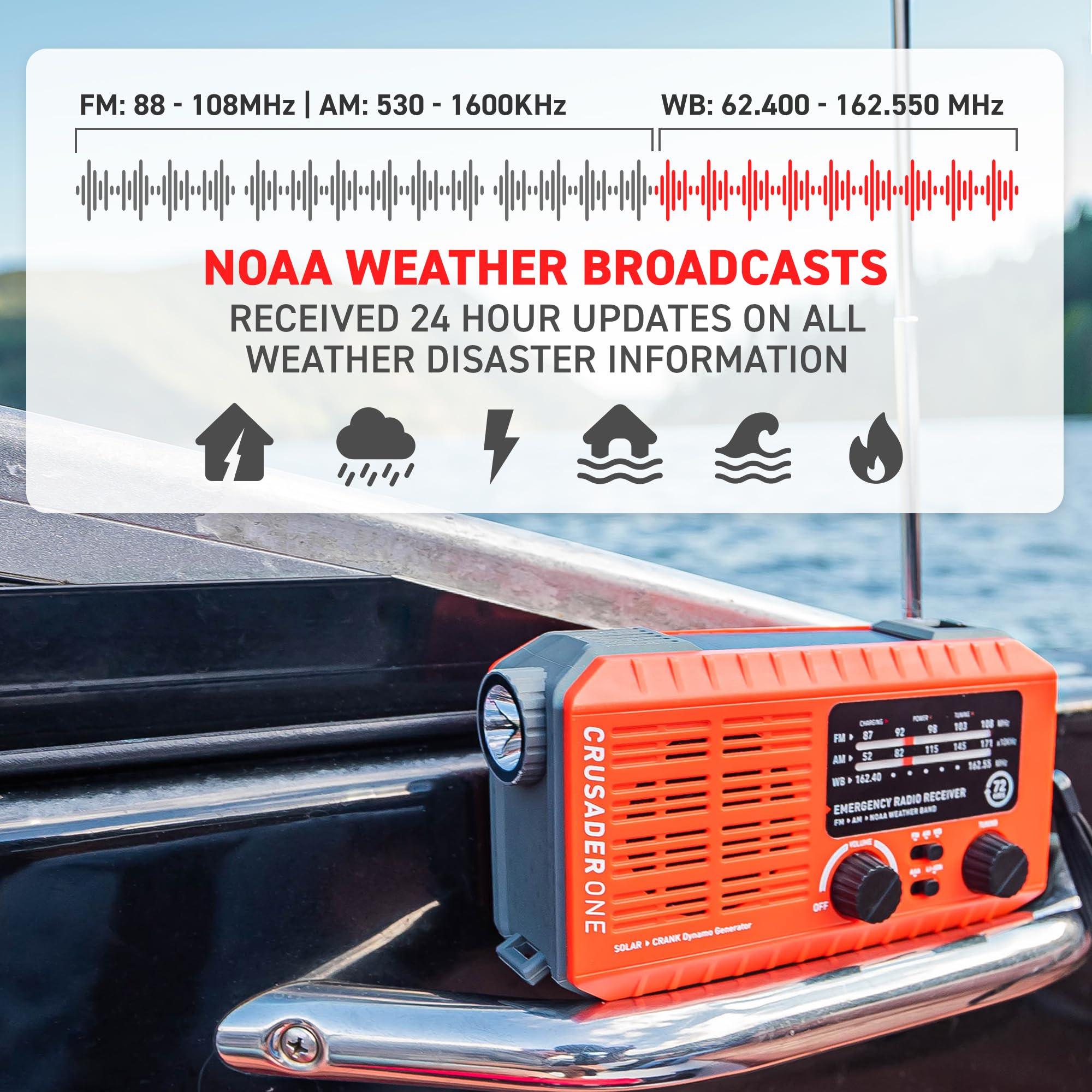 72 Hours Crusader ONE NOAA/AM/FM Emergency Weather Radio - USB Rechargeable, Solar & Hand Crank Powered - Portable Survival Radio with SOS Flashlight, Alarm & Headphone Jack (Red) - Perfect for Camping, Hiking & Emergency Preparedness