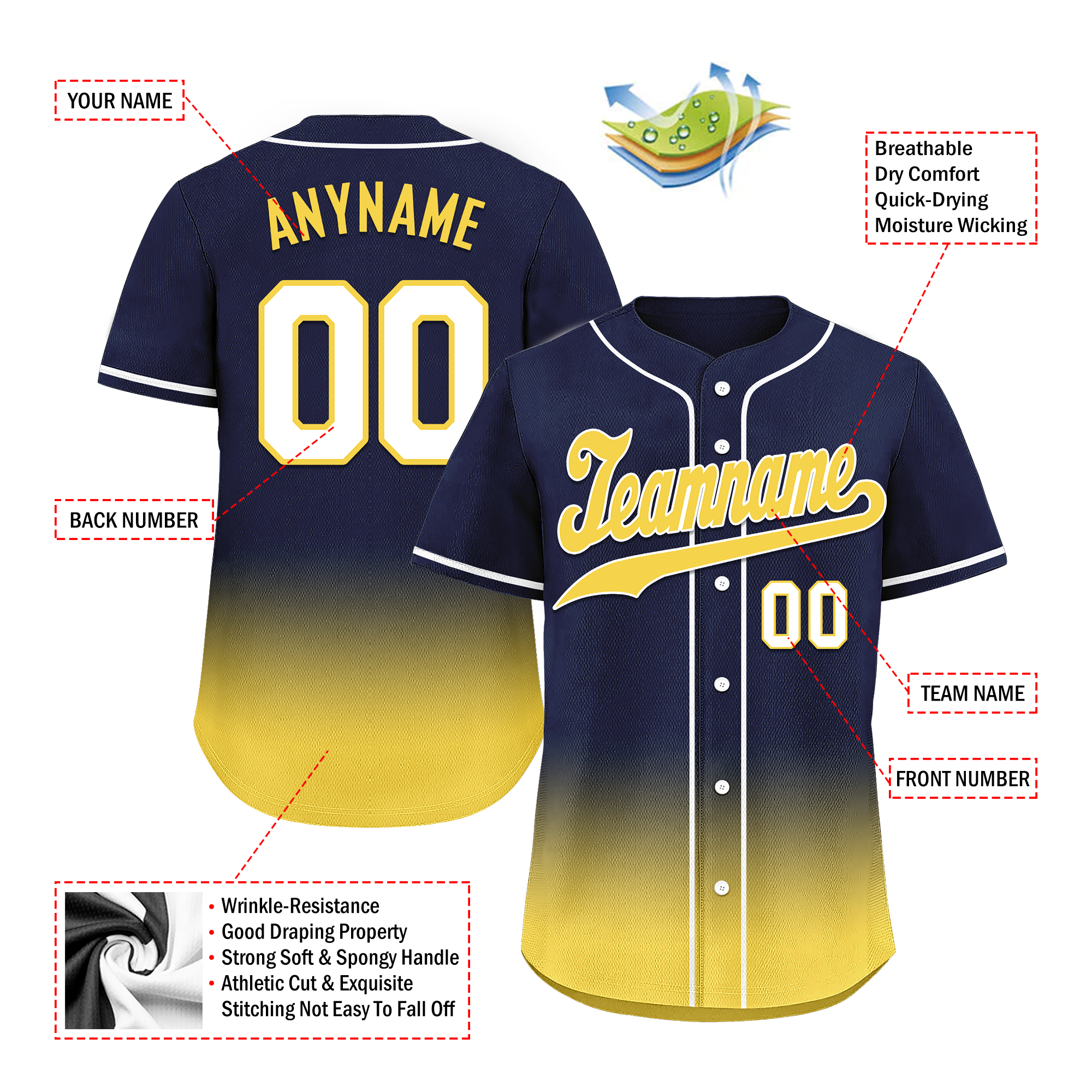 Custom Blue & Yellow Fade Personalized Baseball Jersey - Authentic Fashion Sportswear BSBJ01 D0a70e9 for Team Uniforms, Fan Gear & Casual Streetwear
