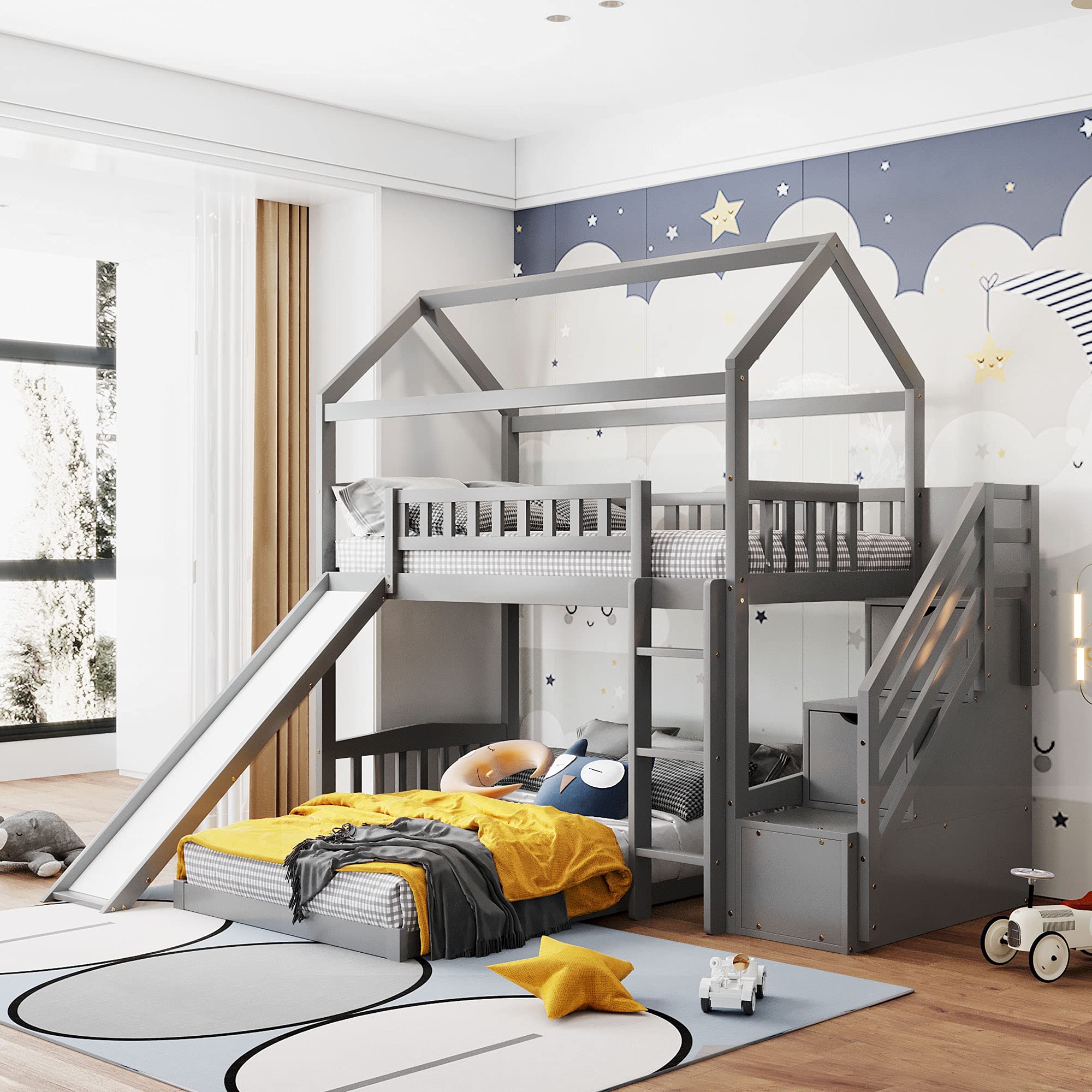 Solid Wood Twin Over Twin Bunk Bed with Slide - Kids House-Shaped Loft Bed Frame with 2 Drawer Stairs & Ladder for Boys/Girls/Teens - No Box Spring Needed (Gray) - Perfect for Small Bedrooms, Shared Kids Rooms & Play Areas