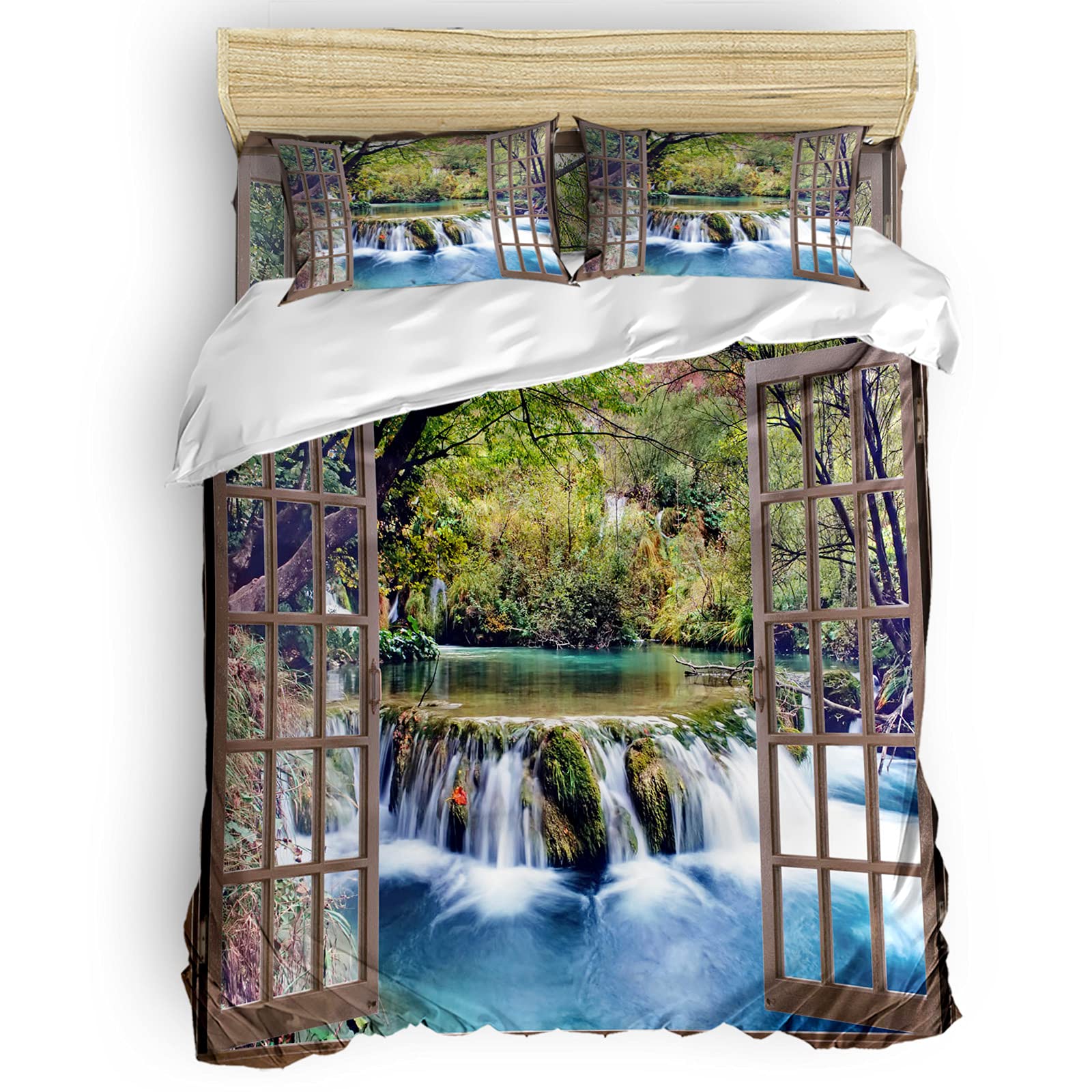 Laibao Twin Size Duvet Cover Set - Green Forest Lake Scenery, Soft Breathable Bedding with 4 Pieces (1 Duvet Cover, 2 Pillowcases, 1 Flat Sheet) for Boys & Girls - Perfect for Kids' Bedrooms, Guest Rooms & Cozy Home Decor