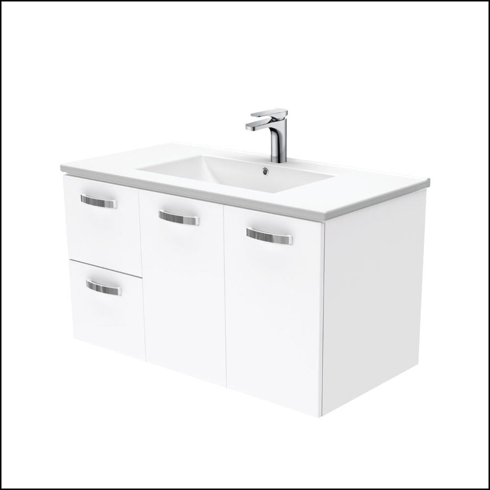 Fienza Dolce TCL90JL 900mm White Ceramic Wall-Mounted Bathroom Vanity with Handles & Single Tap Hole - Left-Hand Drawers for Modern Home Bathroom Renovation