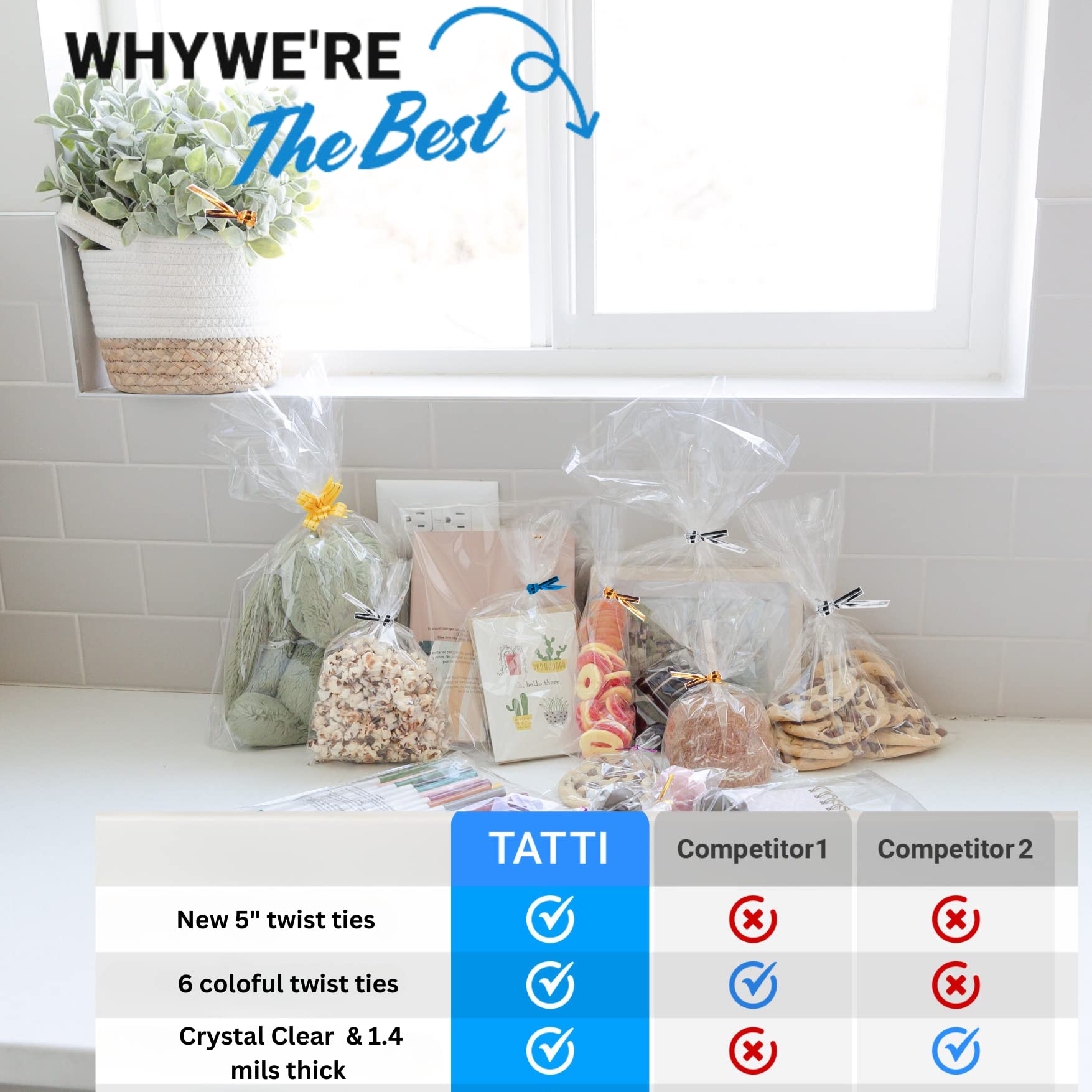 TATTI 200 Pack 4x9 Inch Clear Cellophane Bags with 5-Inch Twist Ties - Transparent Party Favor Bags for Candy, Treats, Cookies & Gifts - Perfect for Birthday Parties, Baby Showers, Wedding Favors & Holiday Gift Wrapping