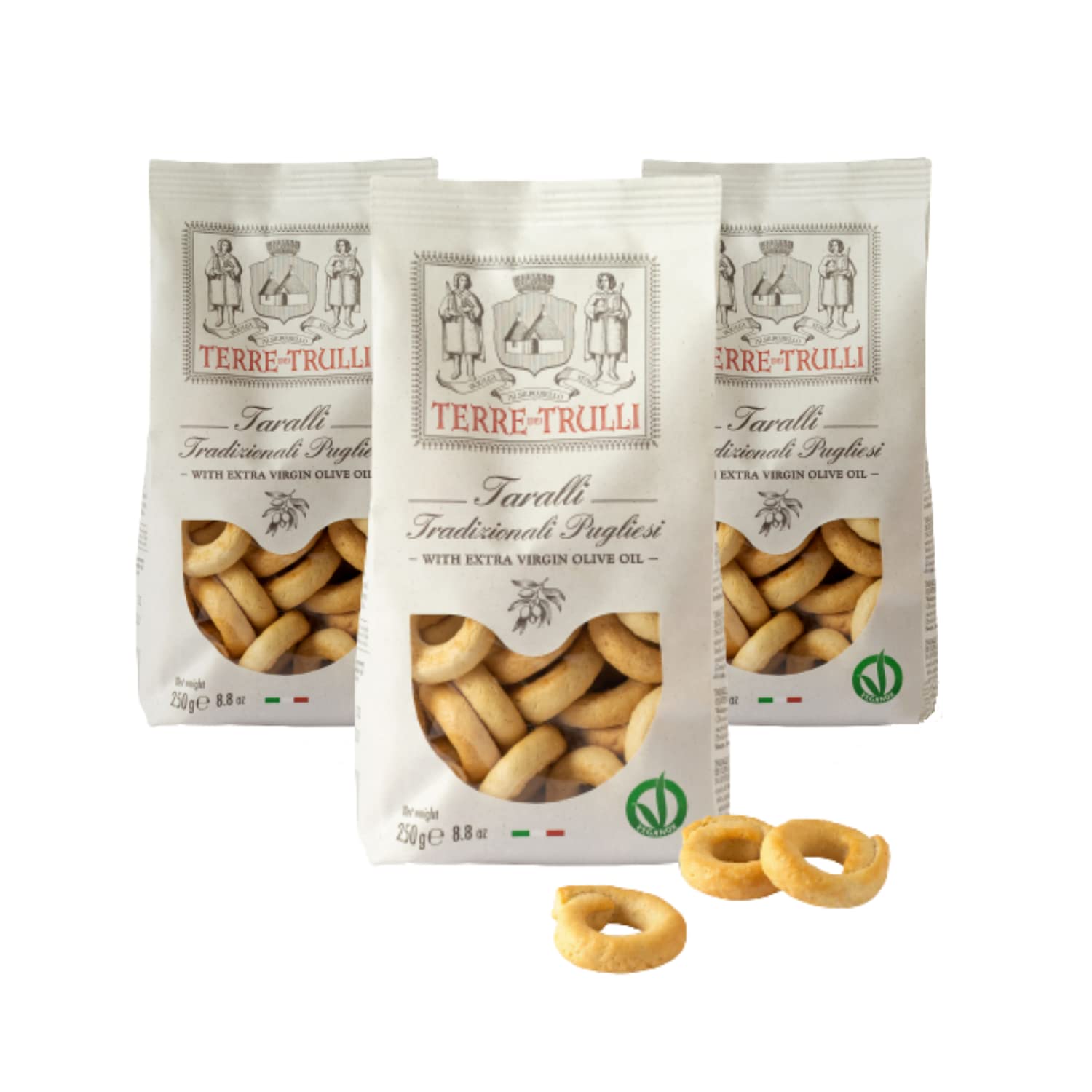 Terre Dei Trulli Taralli Pugliesi with Extra Virgin Olive Oil - 3 Pack (250g Each) | Authentic Italian Healthy Snacks | Perfect for Office, Travel & Quick Meals | Gluten-Free & Vegan Friendly