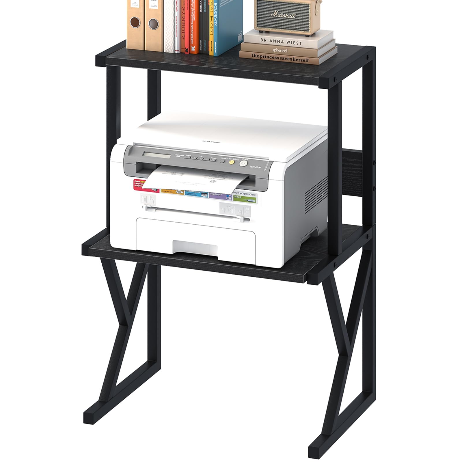 aboxoo 3-Tier Wooden Desktop Printer Stand with Storage Shelves - Under Desk Organizer for Fax Machine, Scanner & Home Office Supplies (Black) - Perfect for Small Spaces & Clutter-Free Workspaces