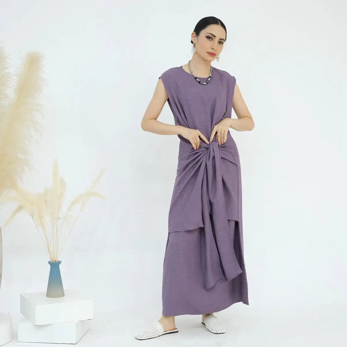 2-Piece Wrinkle-Free Open Abaya Dress Set with Inner Sleeveless Dress - Modest Muslim Fashion for Prayer, Eid, and Special Occasions