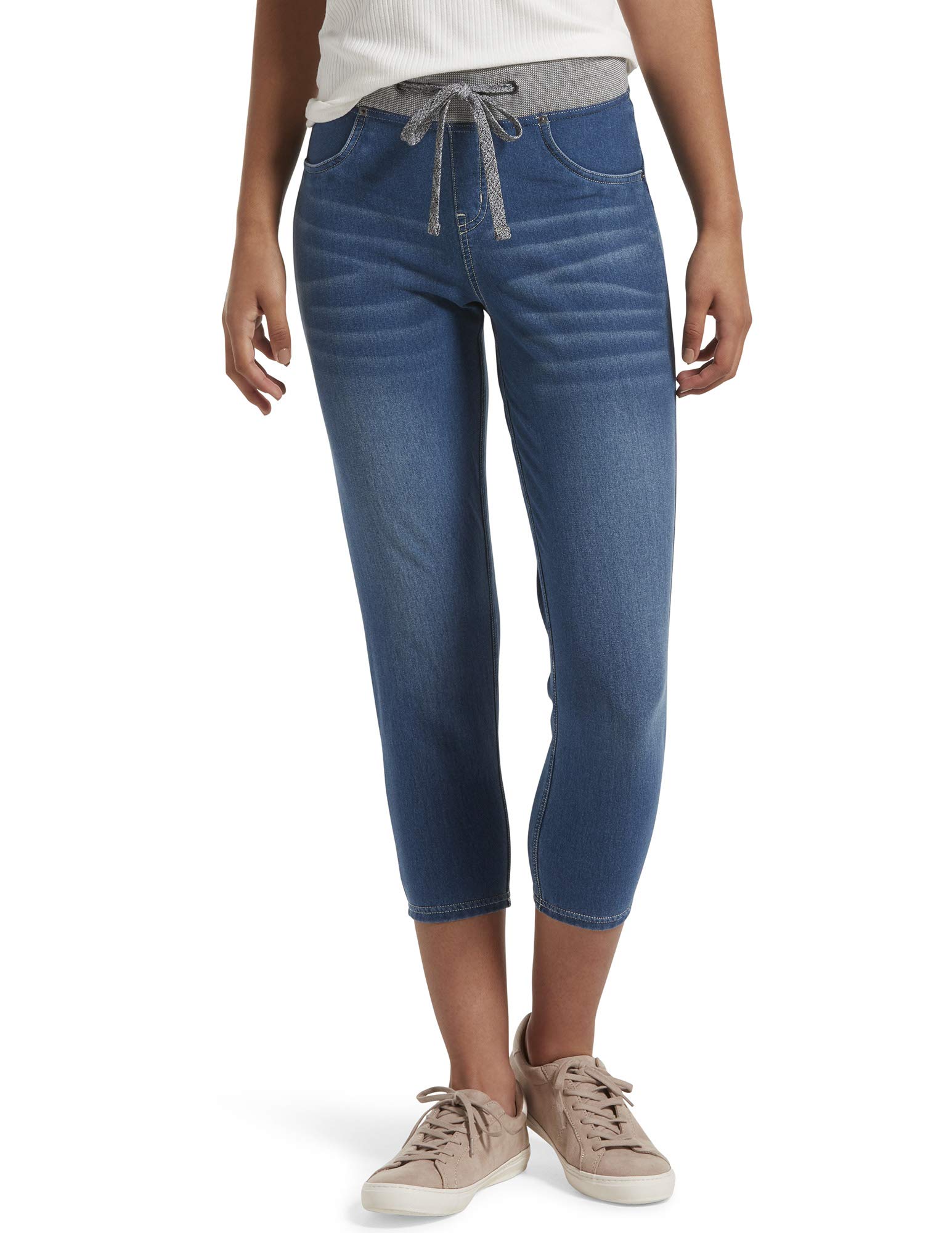 HUE Women's Denim Sweatshirt & Capri Leggings Set - Comfortable Casual Outfit for Workout, Yoga, and Everyday Wear