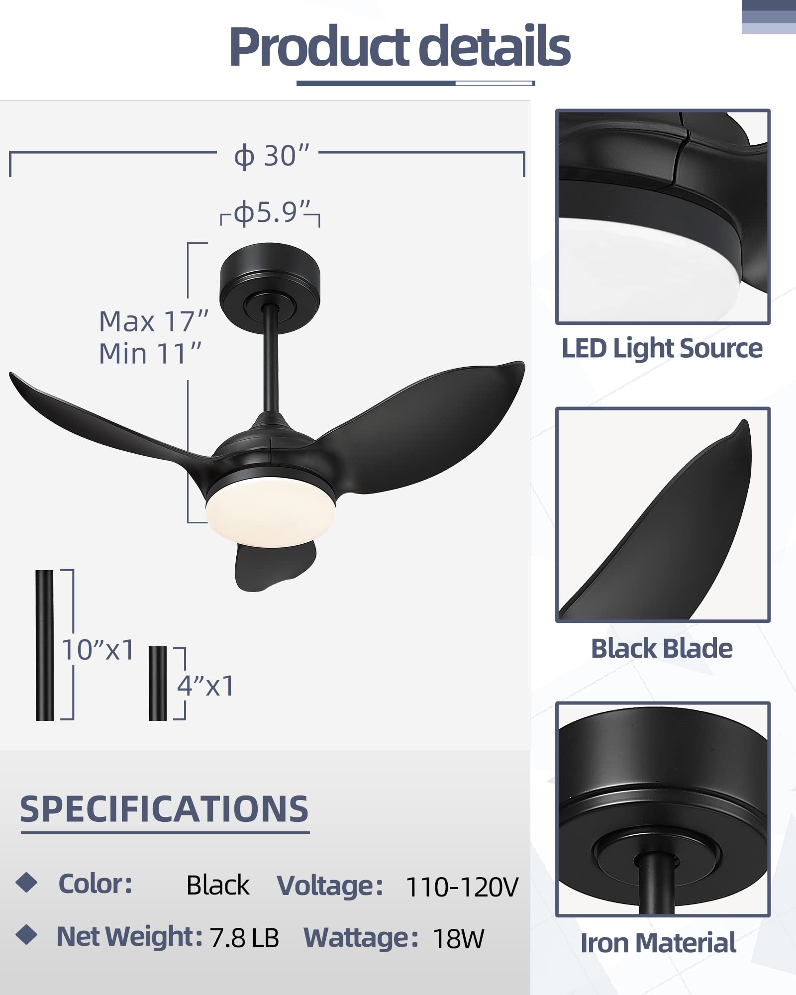 YOUKAIN 30 Inch Black Ceiling Fan with Lights and Remote Control, LED Indoor Outdoor Ceiling Fan with 3 Reversible Blades - Perfect for Bedroom, Kitchen, Living Room, Patio and Covered Porch - Energy Efficient Cooling Solution for Home and Office Spaces