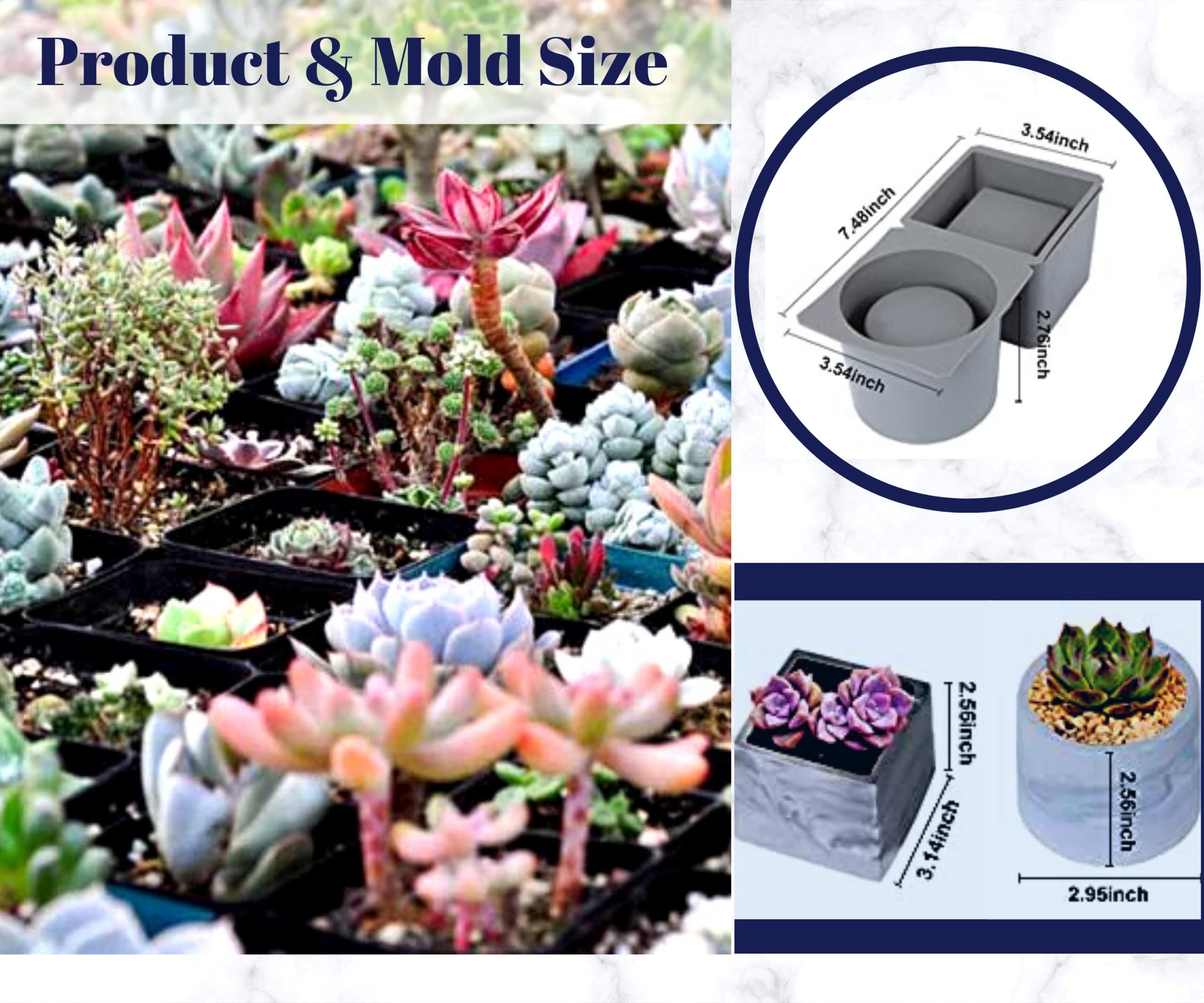 Alnoor USA 2-Pack Silicone Planter Molds - Square & Round Concrete Molds for DIY Succulent & Flower Pots (Gray, 3.15