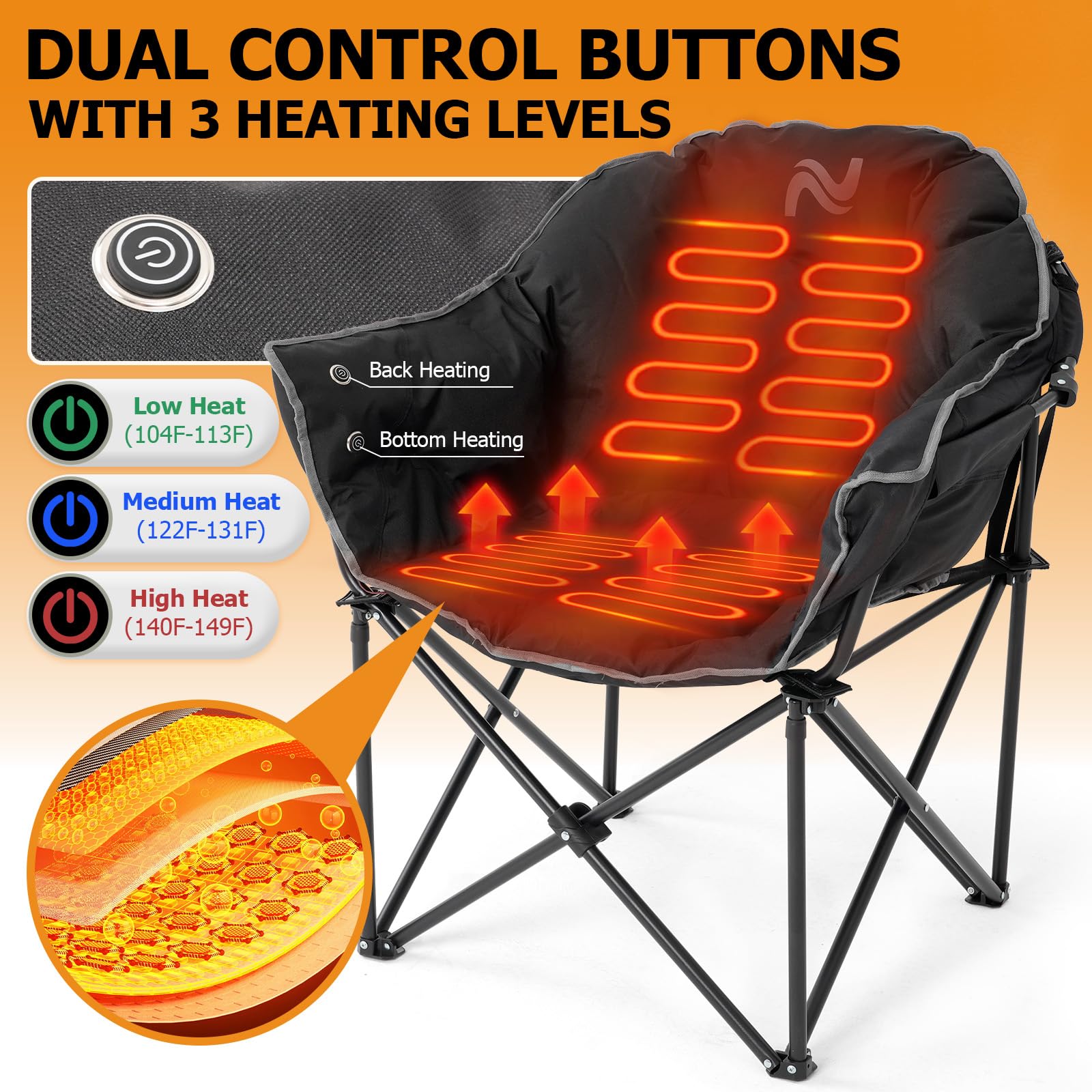 LILYPELLE Oversized Heated Camping Chair - 3 Adjustable Heat Levels, Portable Folding Moon Saucer Chair for Outdoor, Patio, Lawn & Lounge - Perfect for Camping, Backyard Relaxation & Winter Gatherings