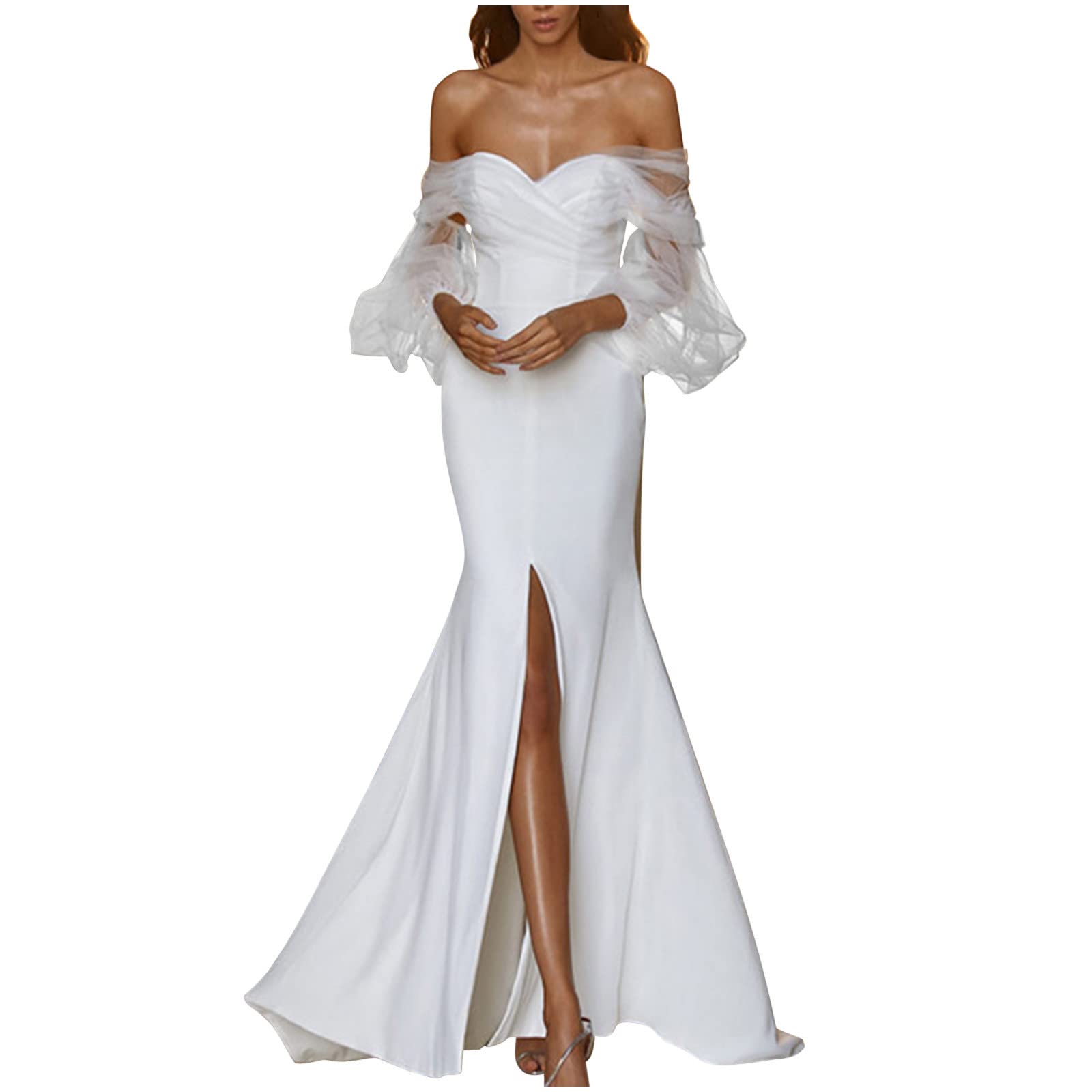 Elegant Women's Summer Casual Long Sleeve Tube Top Maxi Dress - Strapless Solid Mesh Wedding Guest Dress with High Slit | Perfect for Beach Vacations, Evening Parties & Formal Events