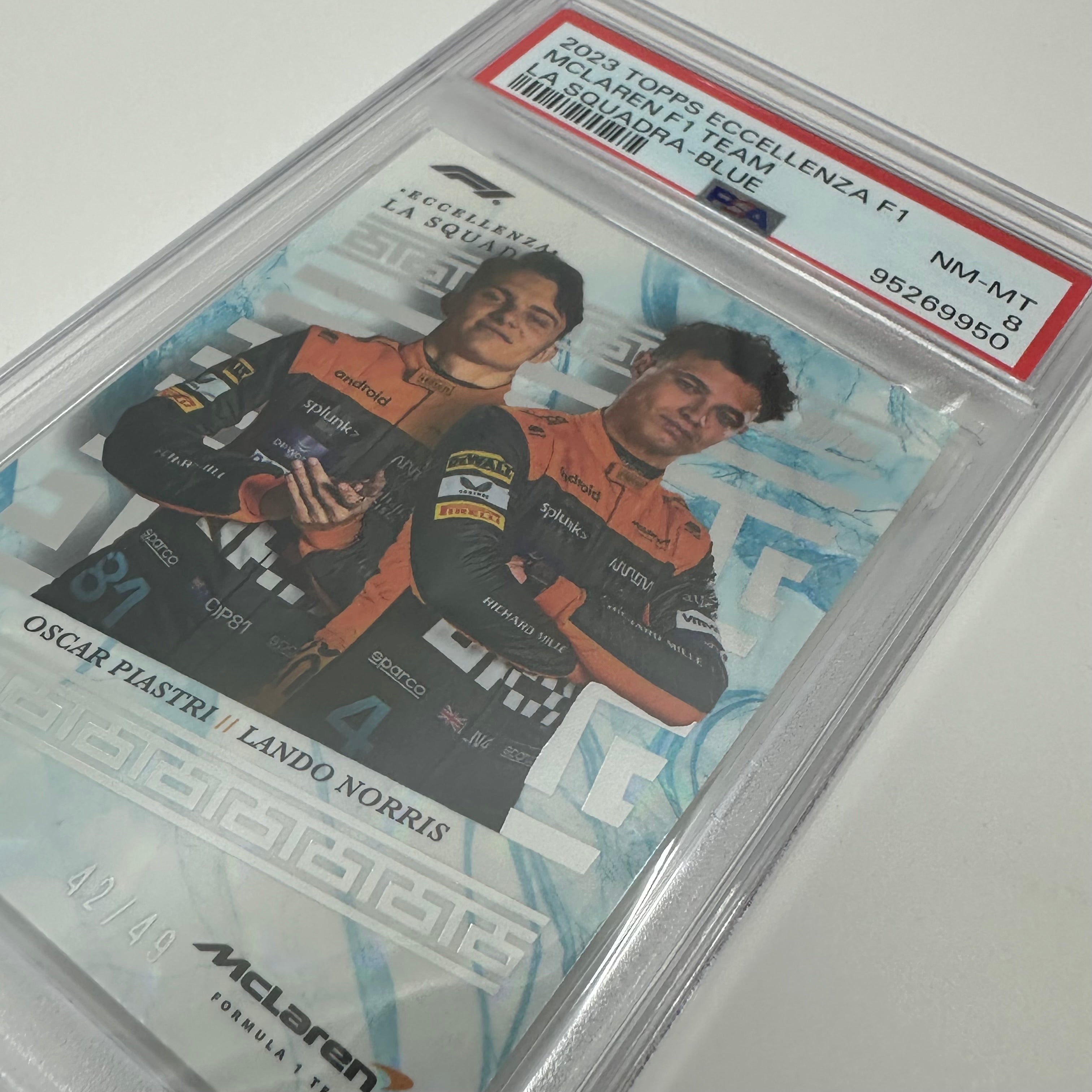 2023 McLaren F1 Team Norris/Piastri Blue PSA 8 42/49 Eccellenza La Squadra Racing Card - Perfect for F1 Collectors, Display Cases, and Sports Memorabilia Collections