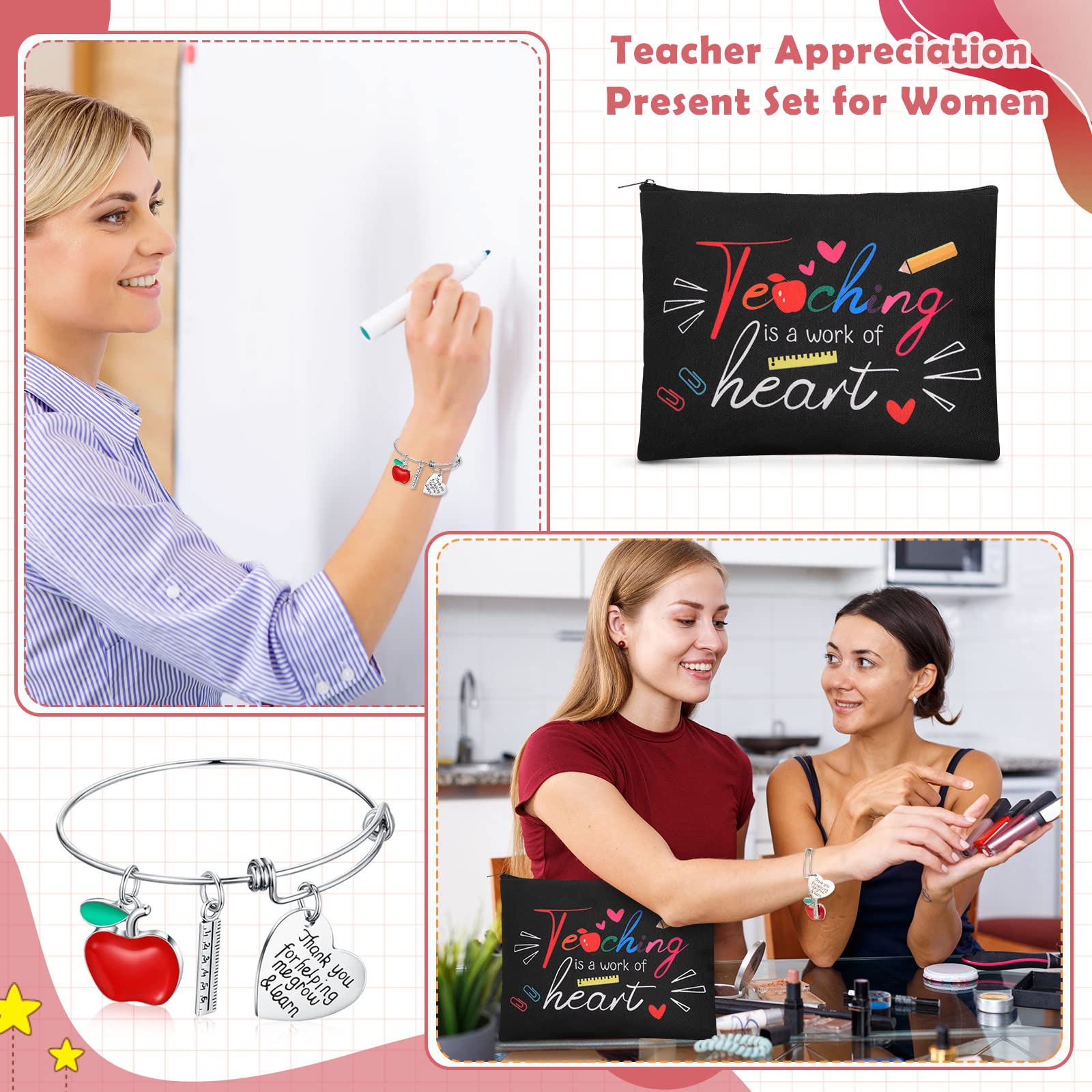 8 Pcs Teacher Gift Set - 4 Cosmetic Bags & 4 Bracelets for Women | Thank You Gifts for Christmas & Valentines | Classroom Appreciation