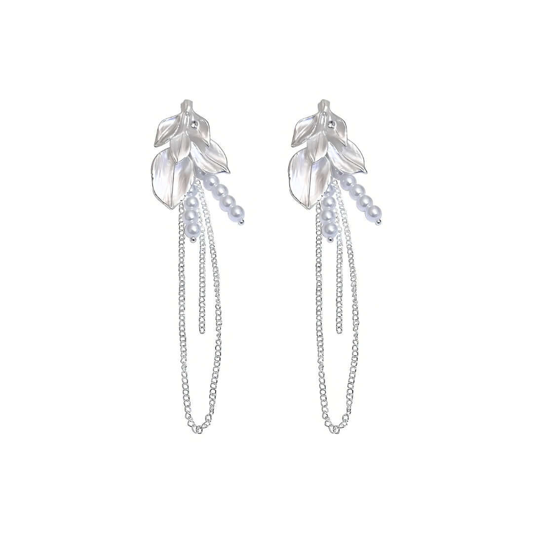 Ivory Pearl Leaf Link Chain Drop Earrings for Women | EH338 | Elegant Dangle Earrings for Wedding, Party & Everyday Wear