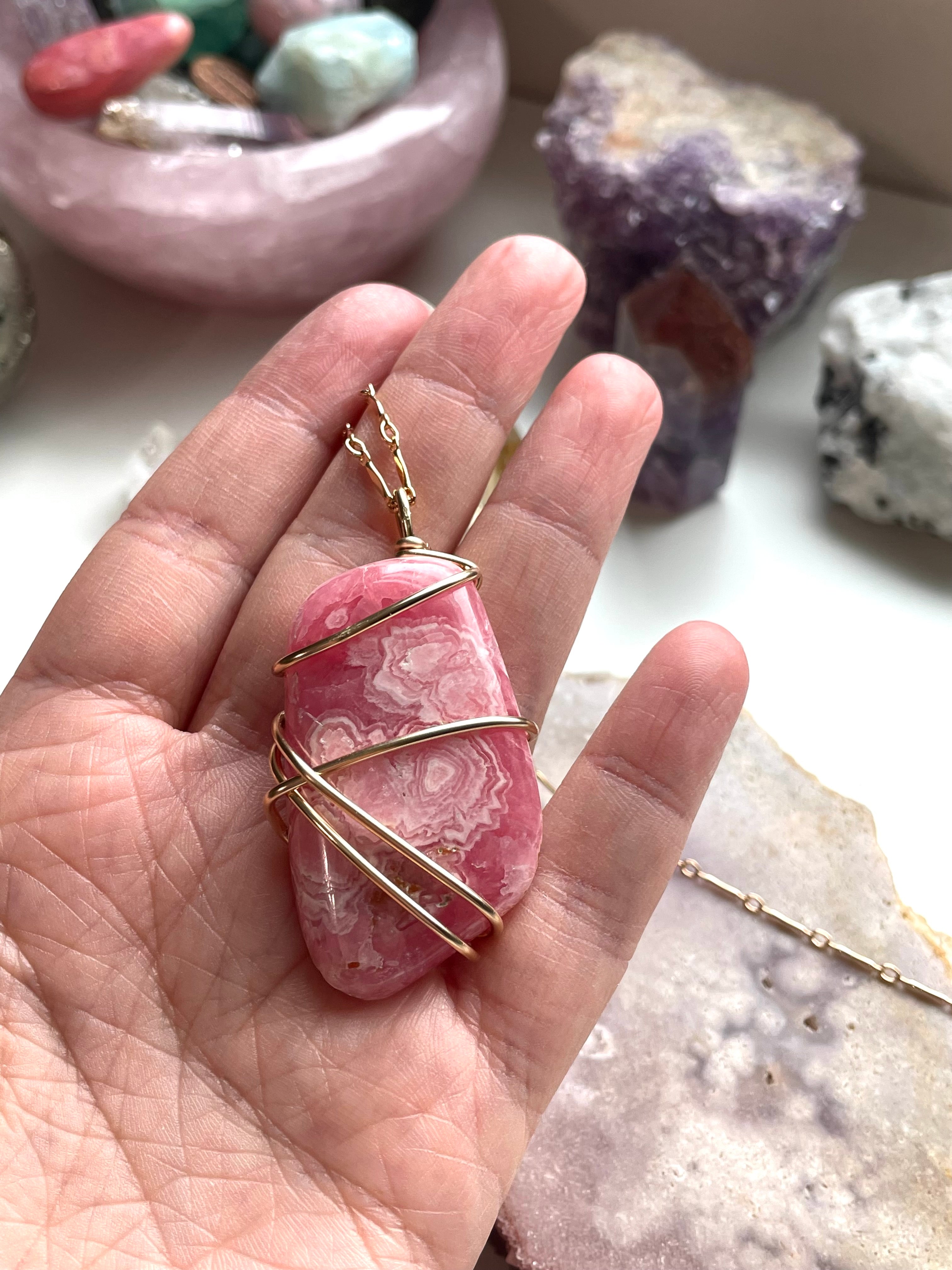 Large Pink Rhodochrosite Statement Stone Pendant Necklace - 14K Gold Filled Jewelry for Women - Perfect for Weddings, Parties & Special Occasions