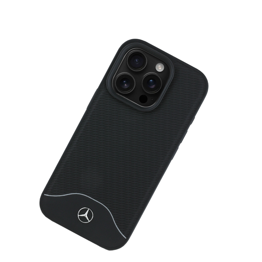 Premium Mercedes Benz MagSafe Case for iPhone 16 Pro - Genuine Black Leather with Grey Racing Stripe | Slim Protective Cover for Everyday Use & Luxury Style