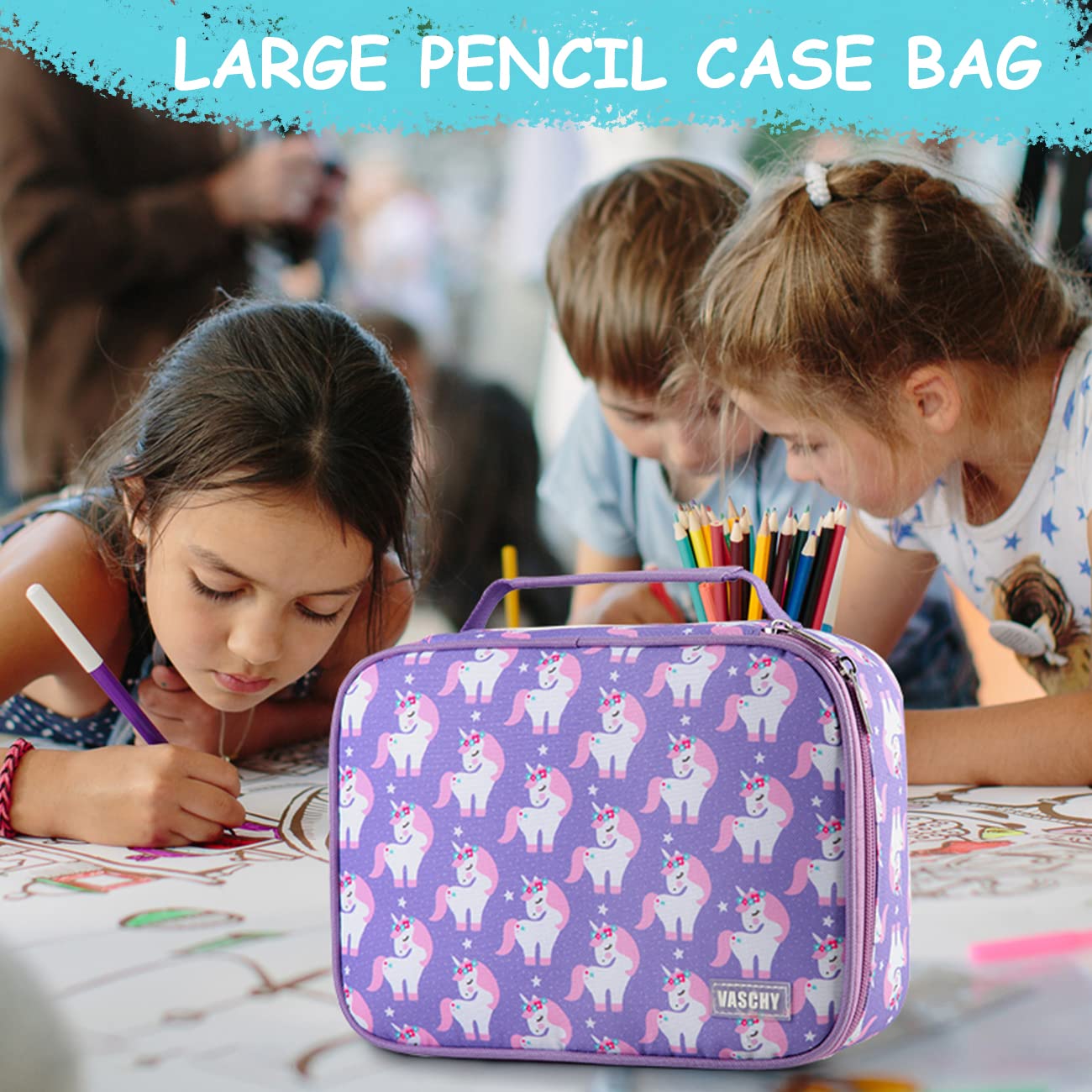 VASCHY Large Pencil Case with Detachable Layers - Purple Unicorn for School & Office Organization
