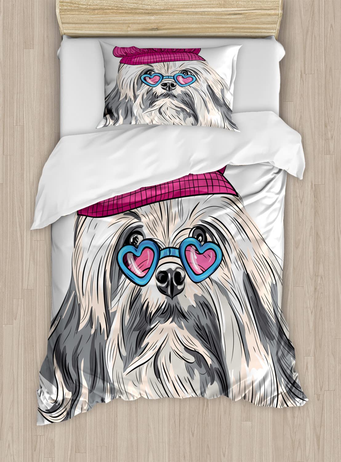 Ambesonne Indie Duvet Cover Set - Lion Bichon Lowchen Dog with Heart Glasses & French Hat Print, Twin Size 2-Piece Bedding Set (2 Duvet Covers + 2 Pillowcases) in Grey, Pink & Blue - Perfect for Pet Lovers' Bedroom Decor & Cozy Home Styling
