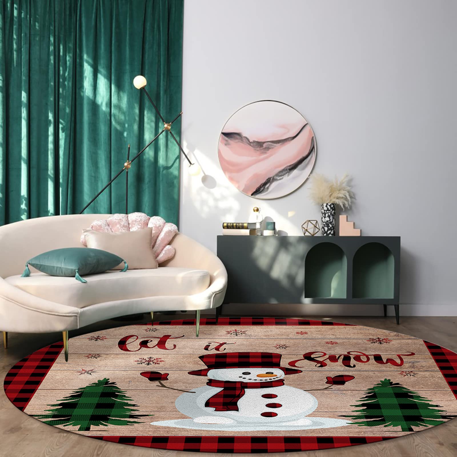 Christmas Plaid Round Area Rug - Red & Black Snowman & Xmas Tree Design on Retro Wood Grain - Soft Non-Slip Indoor Carpet for Living Room, Dining, Bedroom, Kids Room - Perfect for Holiday Decor & Cozy Home Gatherings (4 Feet)