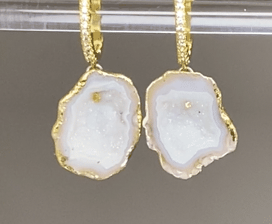 24K Gold Leaf White Tabasco Geode Bridal Earrings with Long Dangling Chains - Elegant Wedding Jewelry for Brides, Prom & Special Occasions