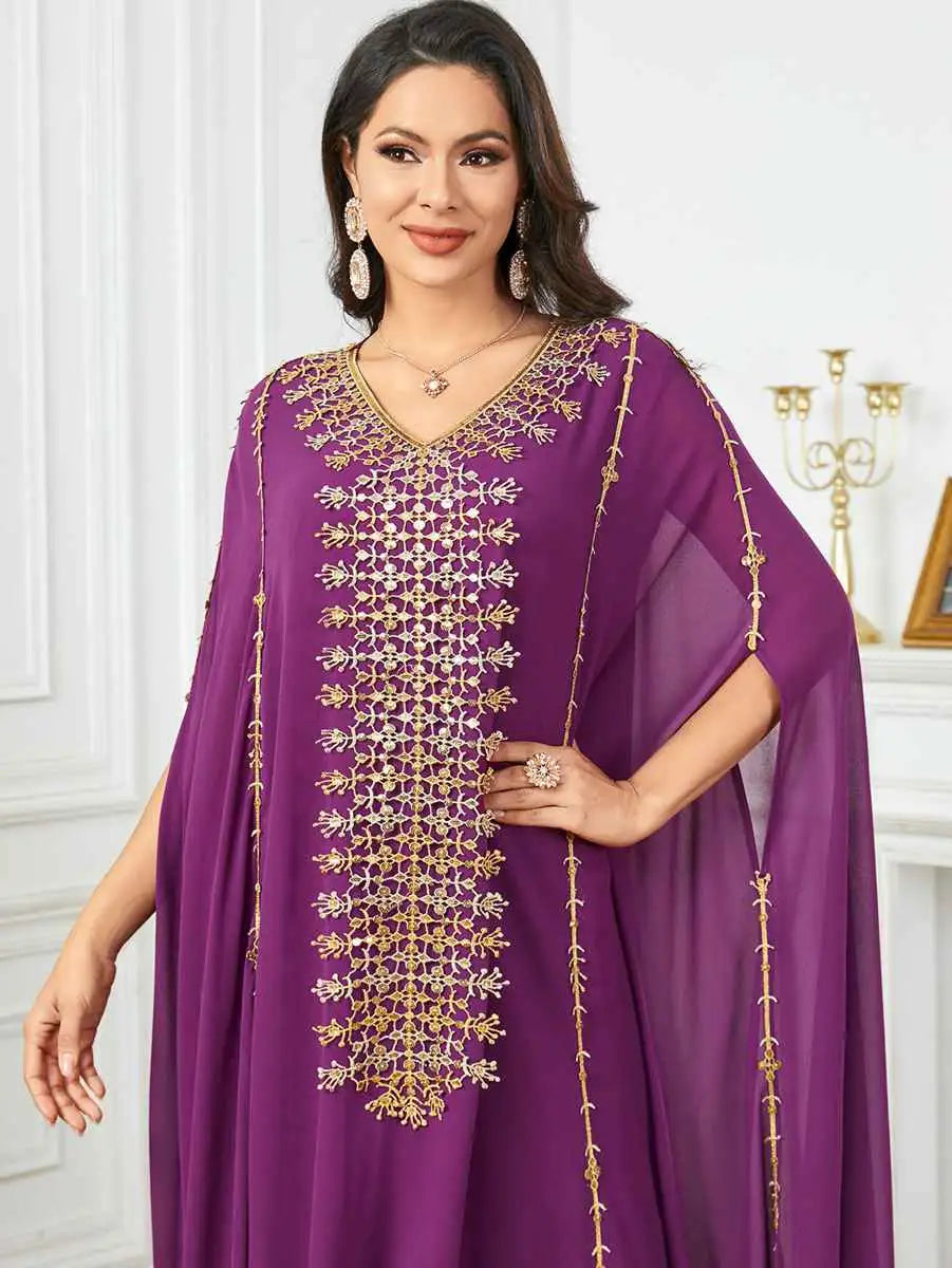 Elegant Eid Caftan Dress for Muslim Women - Flowy Chiffon Embroidery Maxi Dress - Perfect for Eid Celebrations, Weddings & Special Occasions