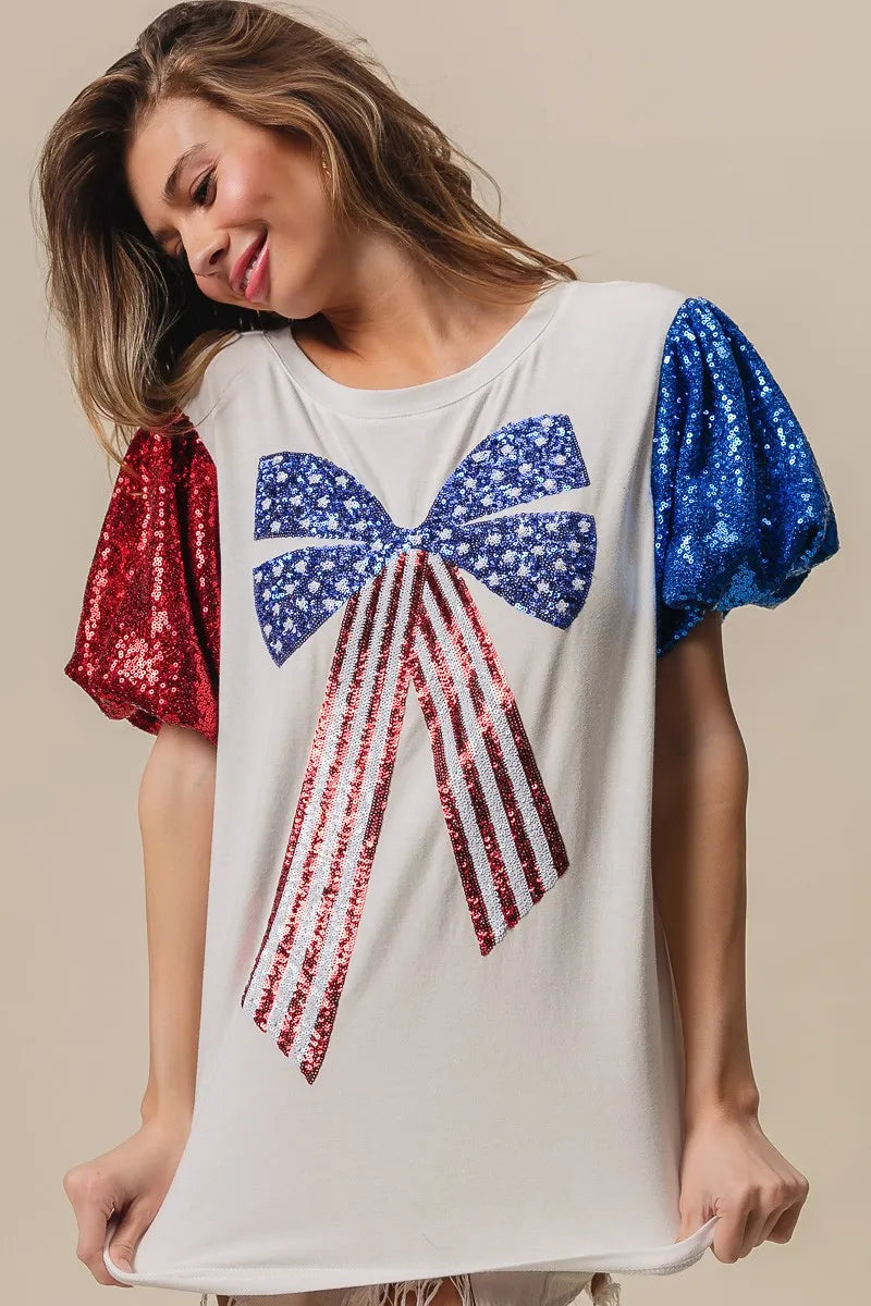 BiBi Sequin American Flag Bow Top - Patriotic Glamour for Women | Perfect for 4th of July, Independence Day & USA Themed Parties