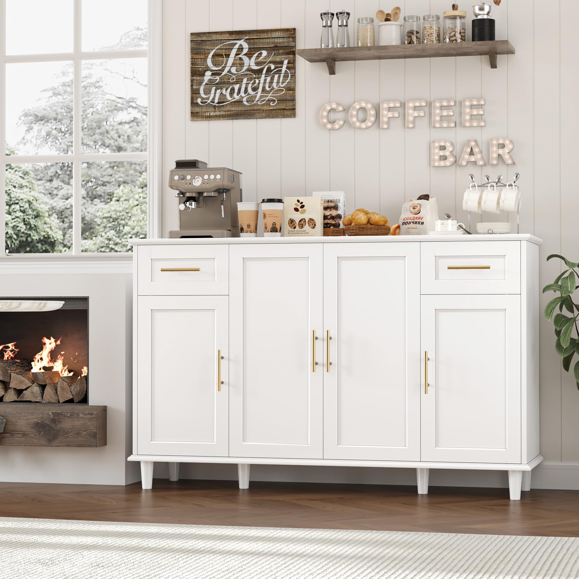 HOSTACK 55 Inch Modern Sideboard Buffet Cabinet with Storage - Large Kitchen Buffet Cabinet with Drawers & Shelves - White Wood Coffee Bar with Gold Handles for Kitchen, Living Room, Dining Room - Perfect for Entertaining Guests and Stylish Home Storage