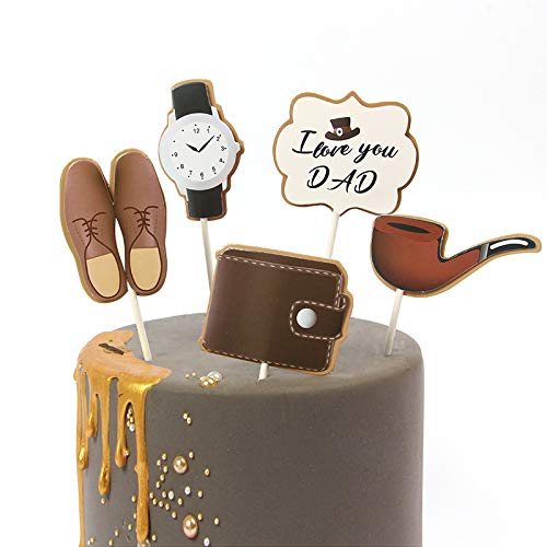 Happy Birthday Dad Cake Toppers - Father's Day Cake Decorations with Black Bow Tie, Watch, Shoes, Pipe & Wallet - I Love You Dad Cupcake Toppers for Birthday Party Supplies | Perfect for Dad's Surprise Party, Retirement Celebration & Family Gatherings