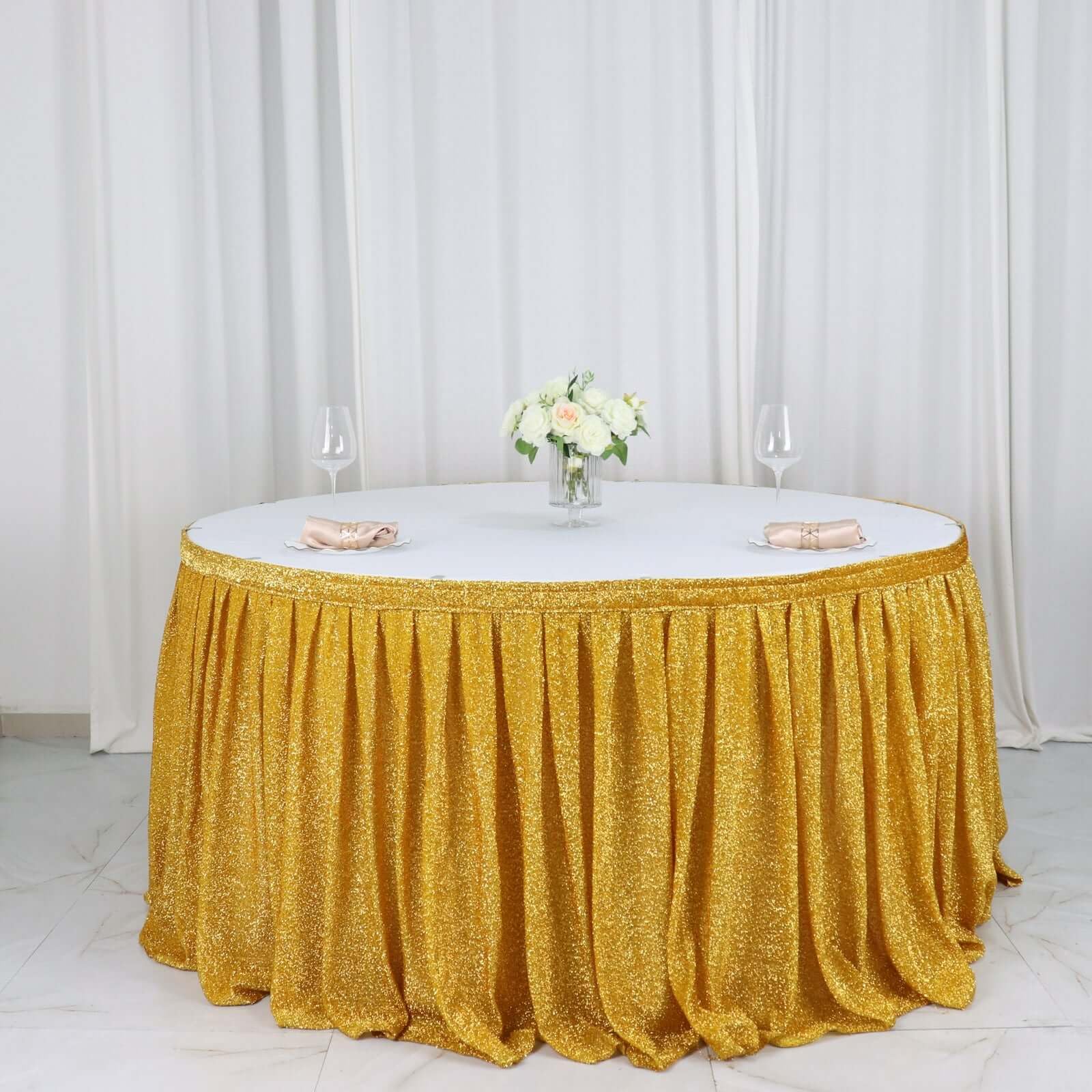 Efavormart 17ft Gold Shiny Metallic Spandex Pleated Table Skirt - Glitter Semi-Sheer Table Cover with Top Strip for Wedding, Banquet, Party Decor & Catering Events - Perfect for Dining Tables, Buffets, and Special Occasions
