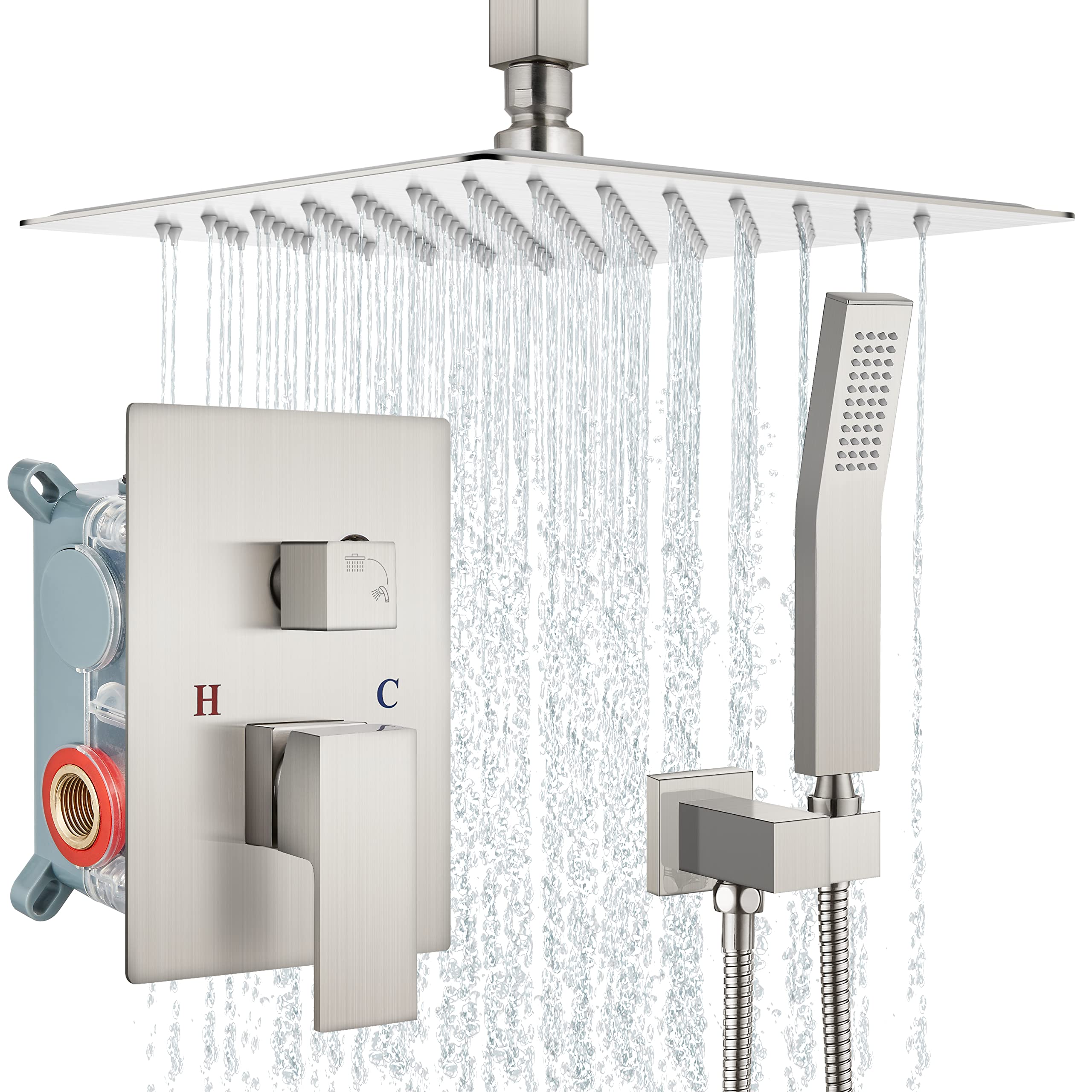 Aolemi 10 Inch Ceiling Mount Shower System - Brushed Nickel Shower Faucet Set with Rough-in Valve, Shower Trim Kit & Single Handheld Spray - Perfect for Modern Bathroom Renovations and Spa-like Shower Experience