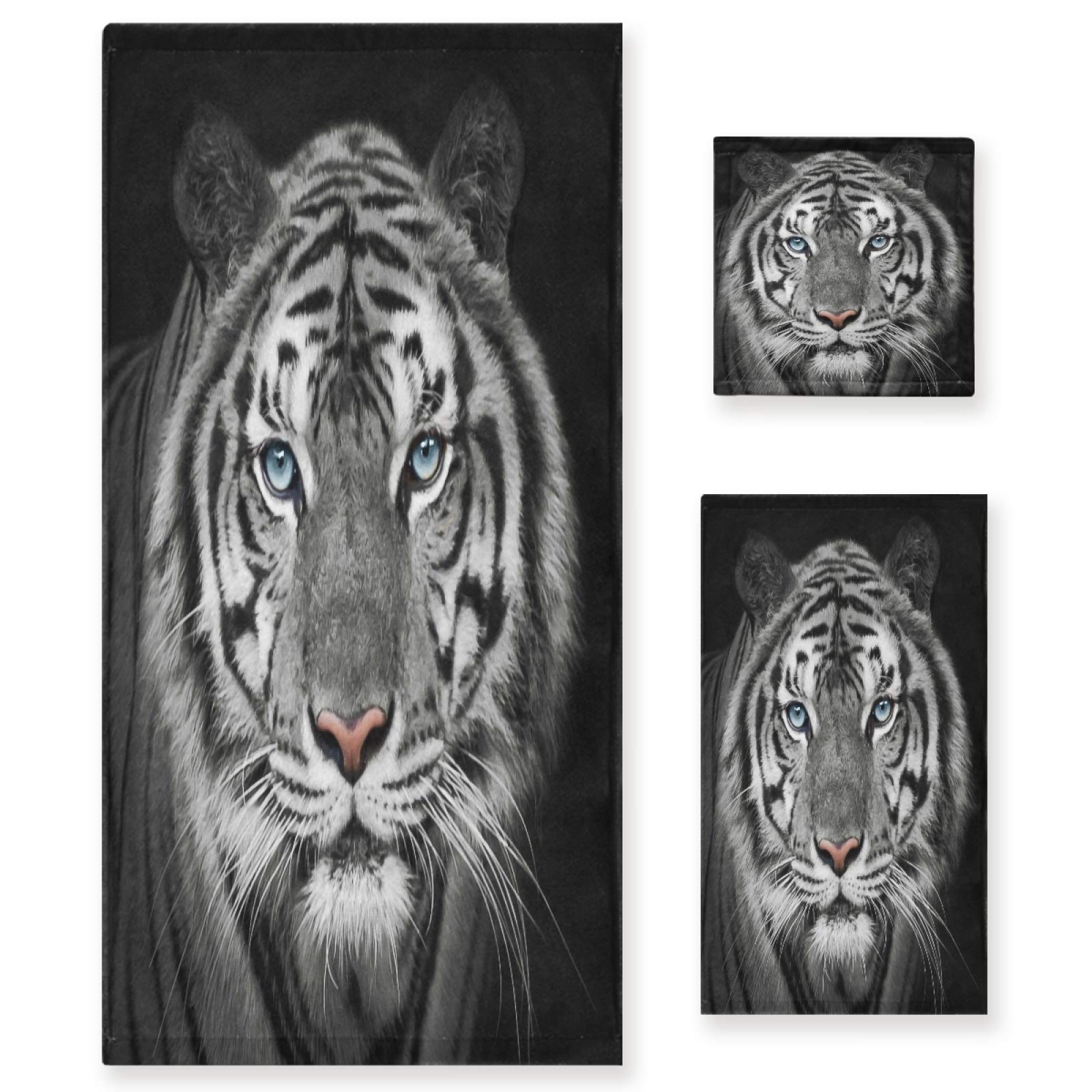 Premium White Tiger Print Luxury Bath Towel Set - 3 Piece Soft Absorbent Cotton Towels (Bath, Hand, Washcloth) for Spa, Hotel, Gym, Beach & Home Bathroom Decor