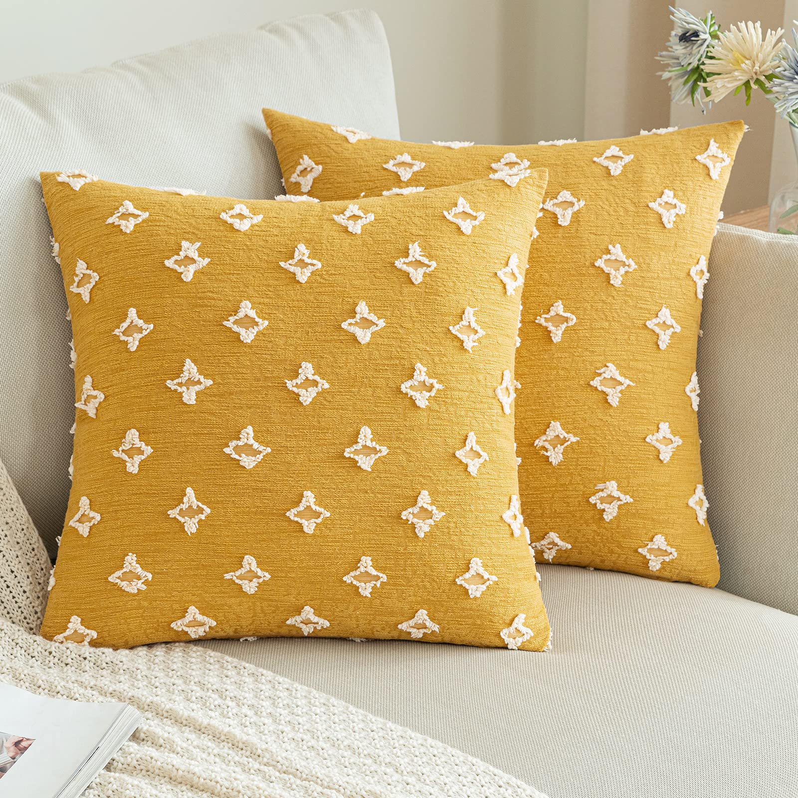 ANRODUO 2 Pack Yellow Boho Decorative Throw Pillow Covers 18x18 - Tufted Rhombic Jacquard Design, Soft Couch Pillow Cases for Living Room, Sofa, Bedroom - Spring Home Decor & Bohemian Style Accents