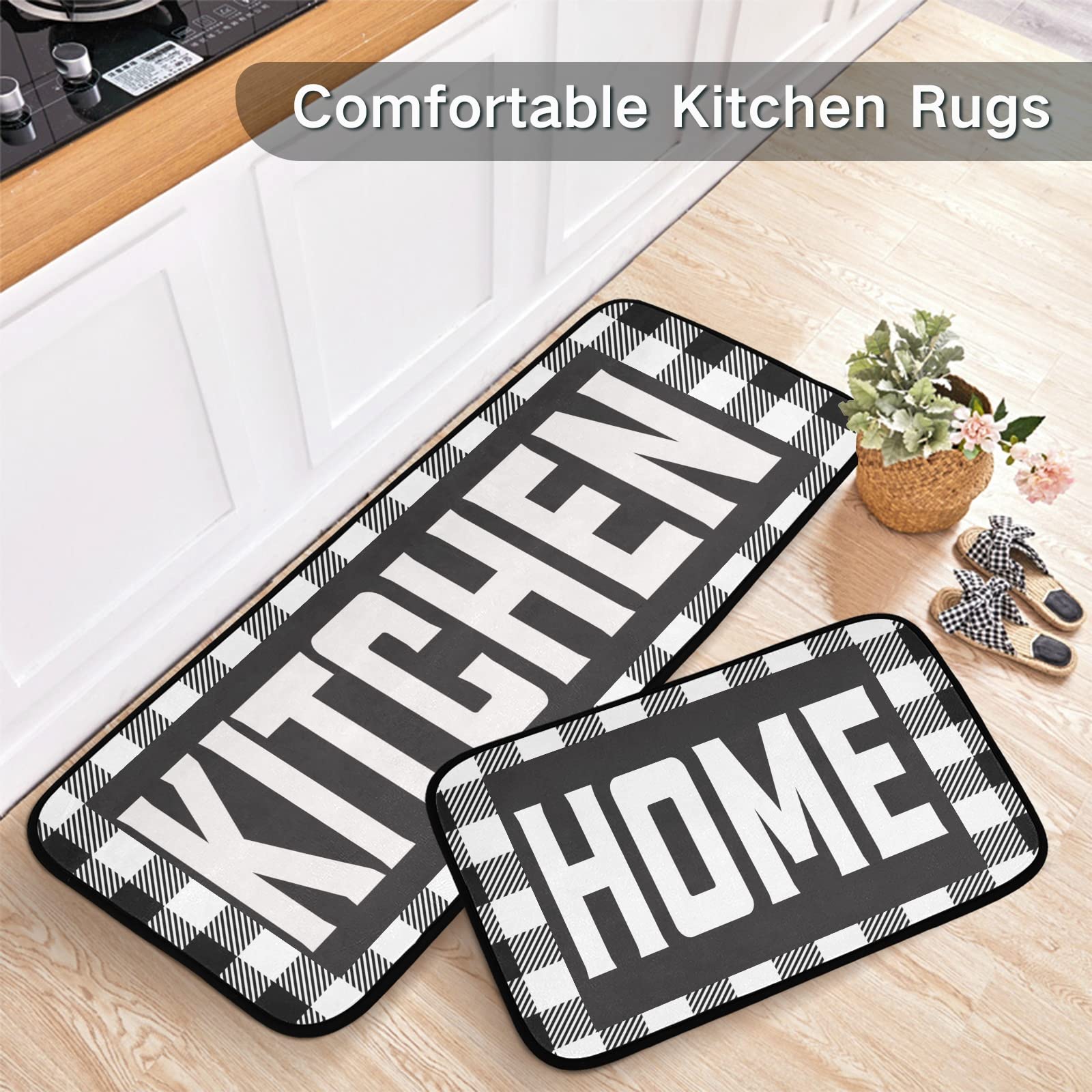 Buffalo Plaid Checked Black & White Kitchen Mat Set of 2 - Anti-Fatigue Non-Slip Foam Cushioned Rug for Standing Comfort - Perfect for Kitchen, Office, Laundry & Home Decor