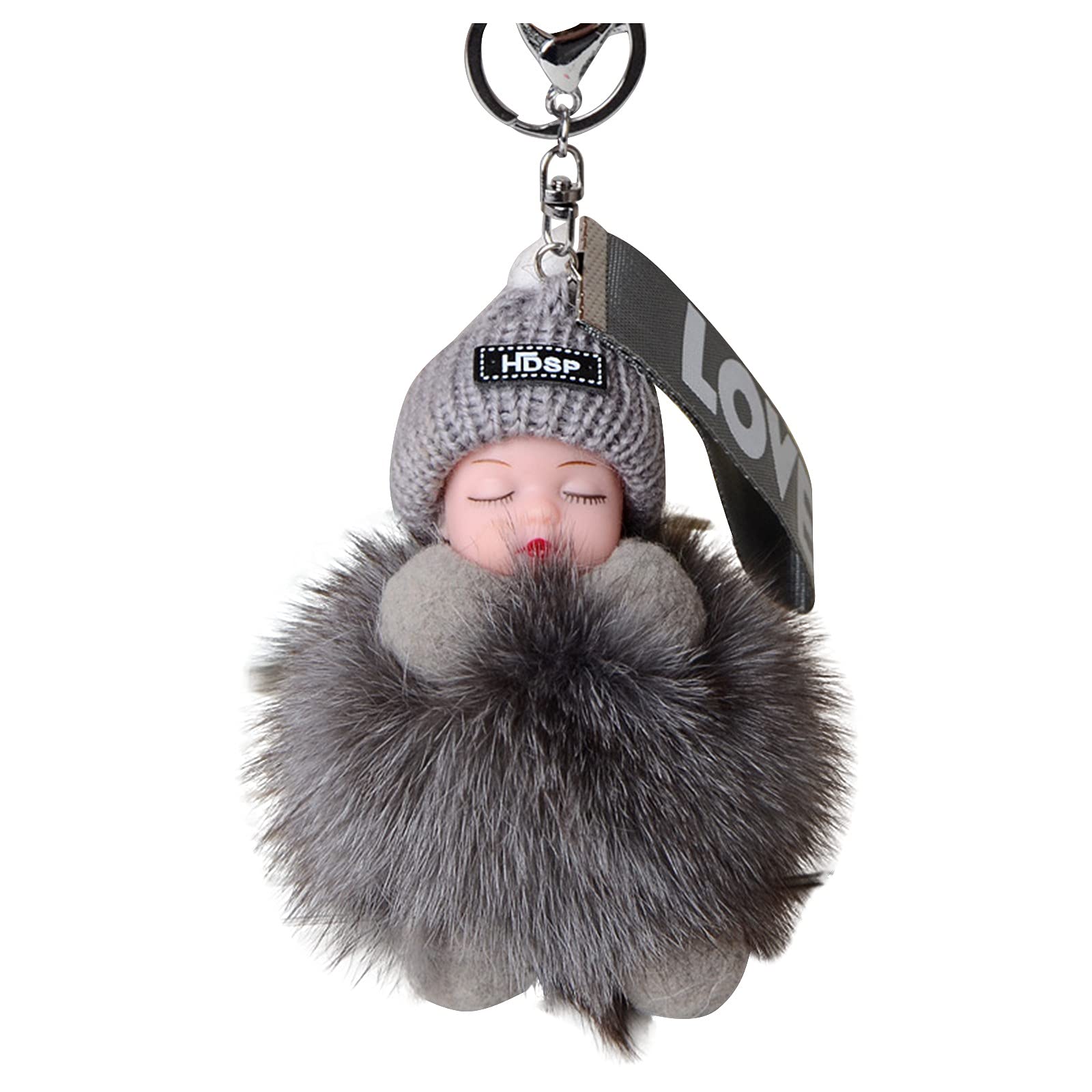 Soft Pompon Sleeping Car Baby Keychains - Cute Furry Pendants for Handbags, Strollers, and Diaper Bags - Perfect Gift for Newborns and Toddlers