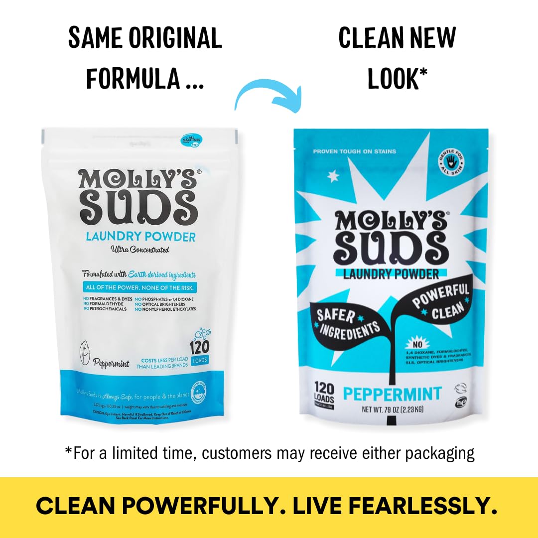 Molly's Suds Original Laundry Detergent Powder for Sensitive Skin - Hypoallergenic, Eco-Friendly Stain Remover with Natural Peppermint Scent (70 Loads) | Gentle on Baby Clothes & Perfect for Allergy-Prone Families